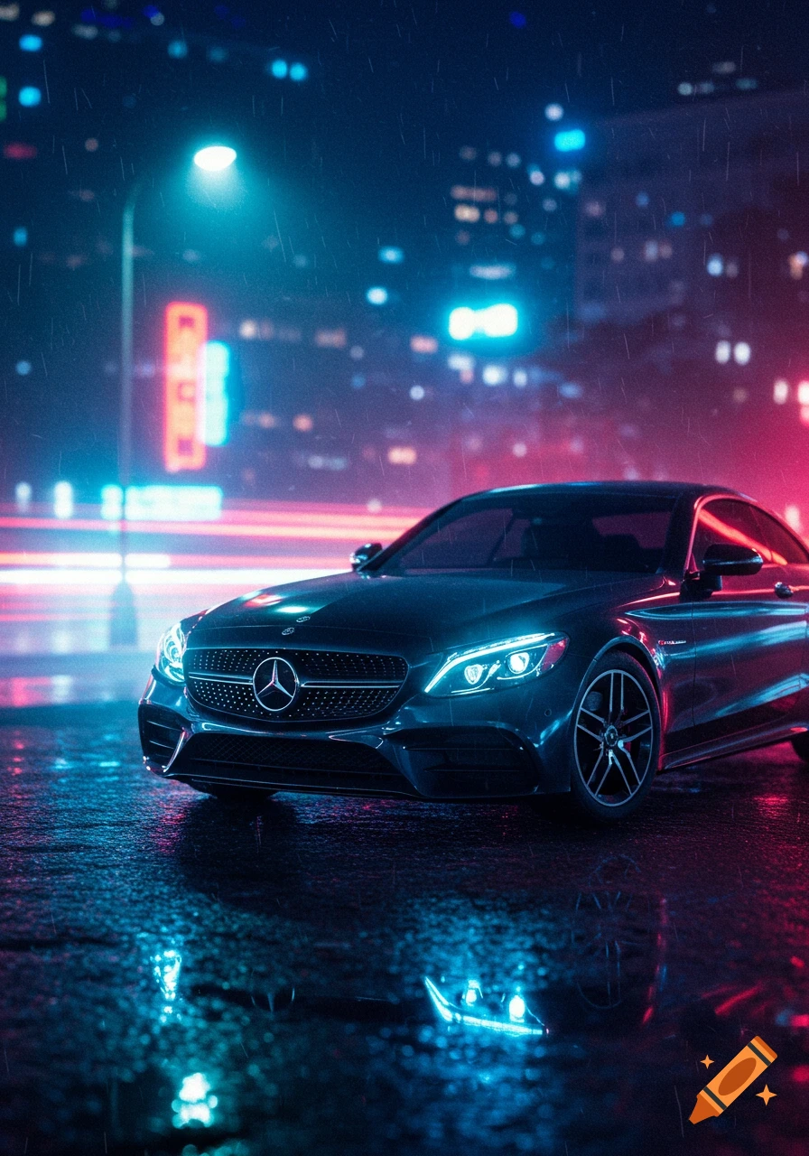 Dark blue Mercedes-Benz car on a wet city street at night, illuminated by neon blue and pink lights reflecting on the ground.