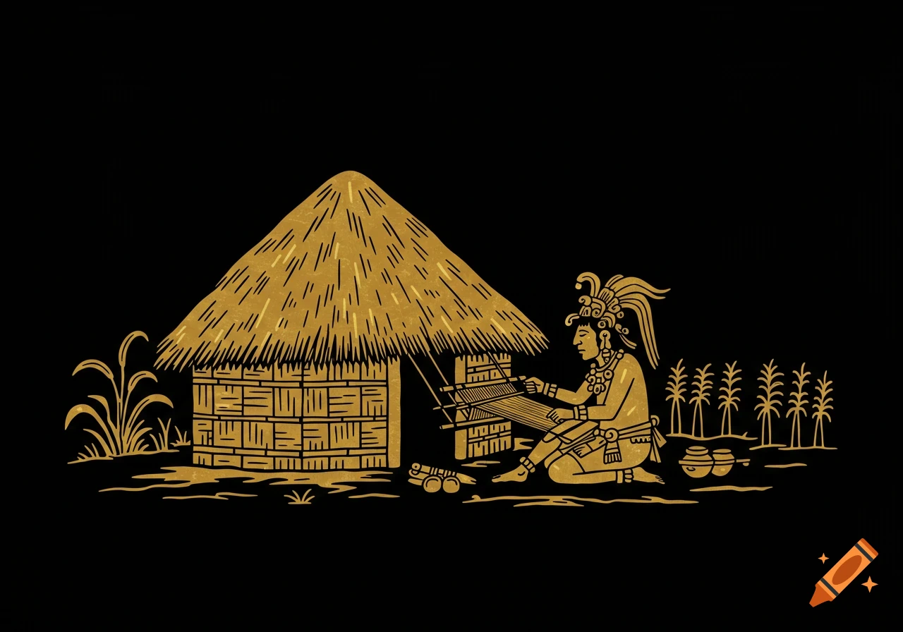 A stylized gold illustration of a Mayan figure weaving on a loom outside a thatched-roof hut against a black background.