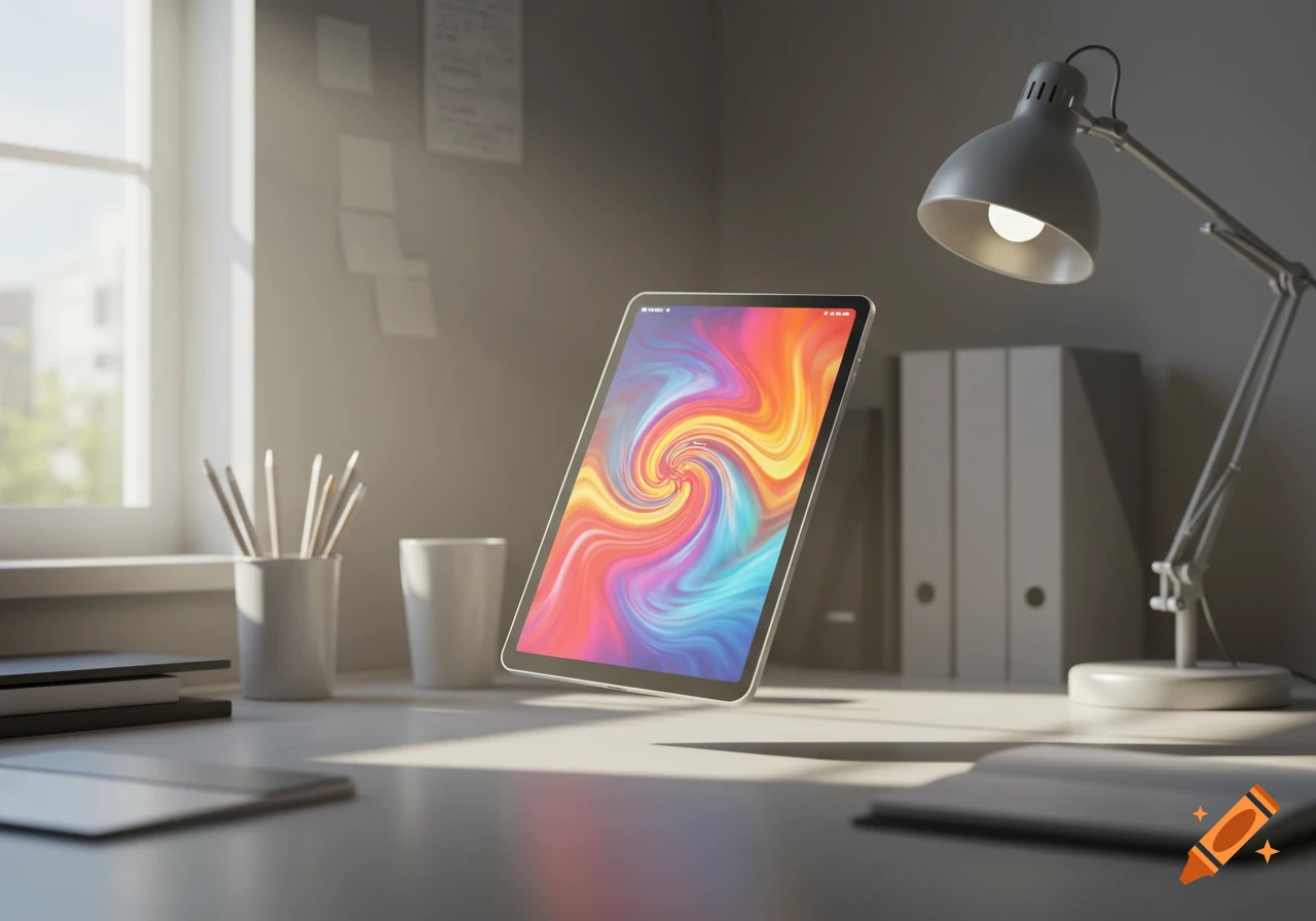 A tablet displaying a colorful swirl wallpaper on a desk with a lamp, pencils, and binders.