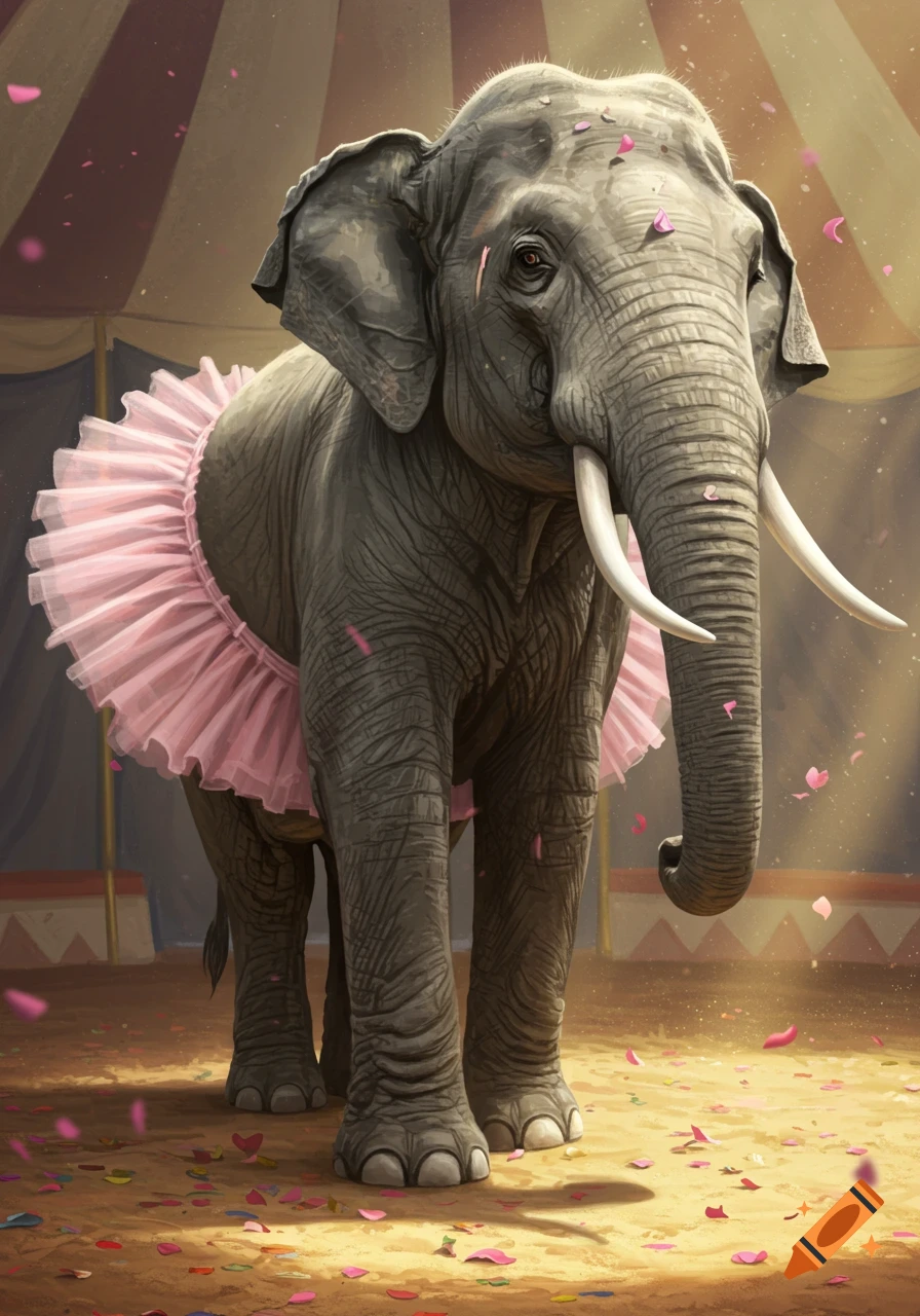 An illustration of a large elephant wearing a pink tutu, standing inside a circus tent with pink petals falling and scattered on the ground.