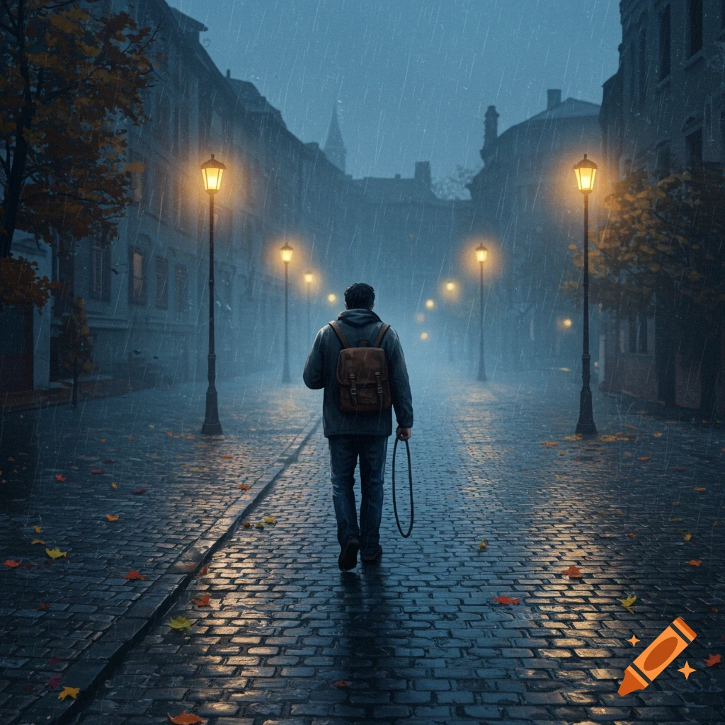 A lone man with a backpack walks down a wet, cobblestone street at night in the rain, illuminated by streetlights.