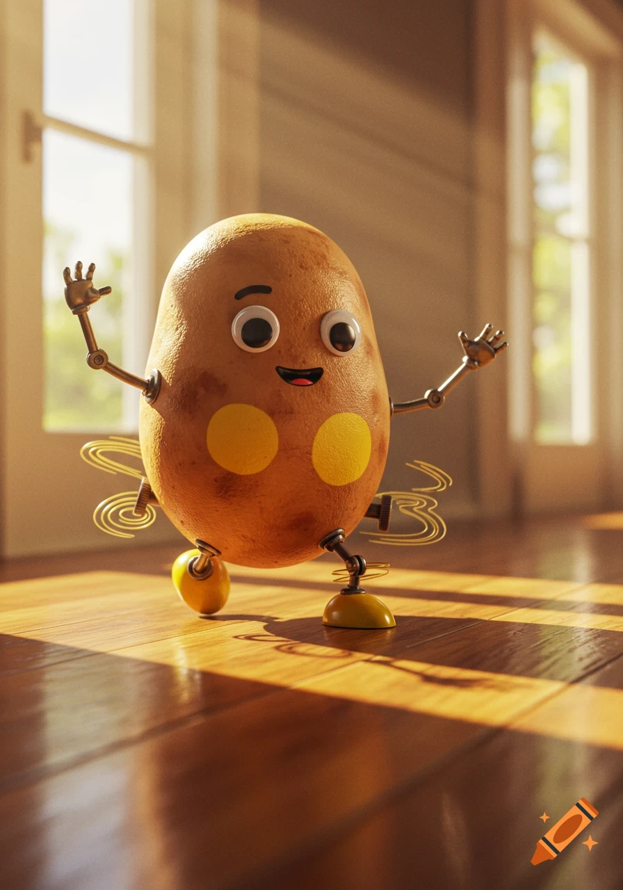 A happy, animated potato toy with googly eyes, robotic limbs, and yellow spots, waving a hand on a sunlit wooden floor.