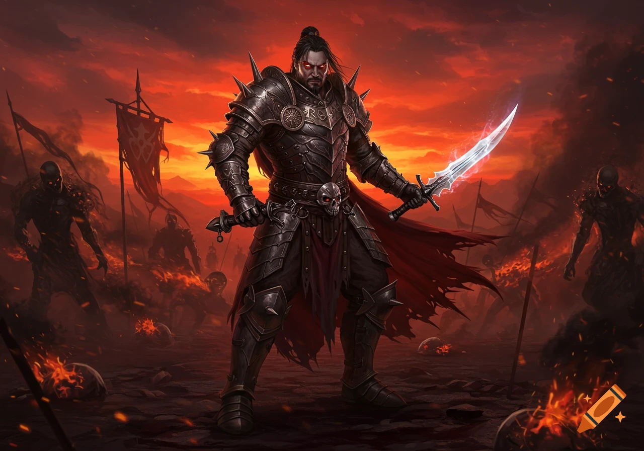 A dark fantasy warrior in spiked armor wields a glowing sword, standing on a fiery battlefield with shadowy figures under a red, smoke-filled sky.