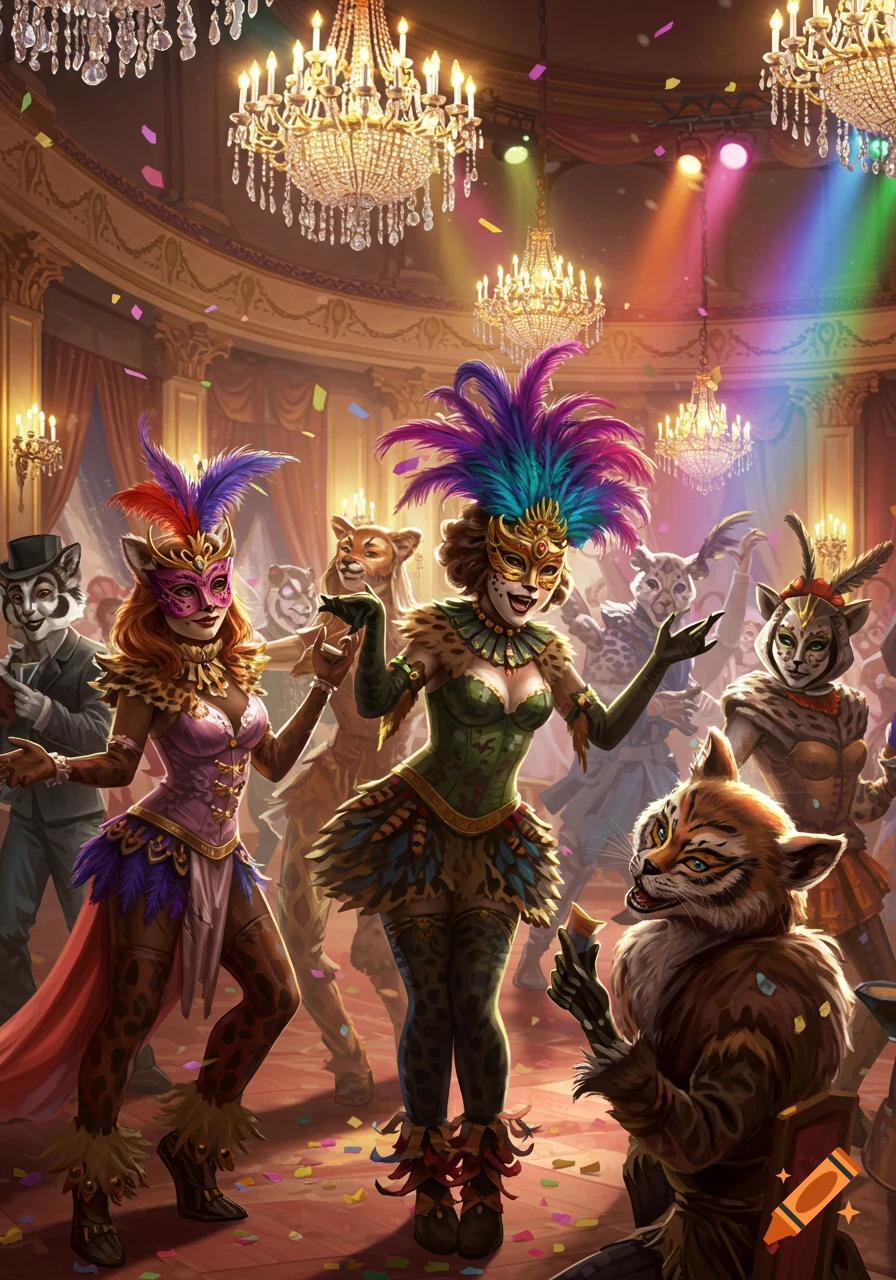 Anthropomorphic animals in feathered masquerade costumes dance in a grand ballroom with chandeliers and confetti.