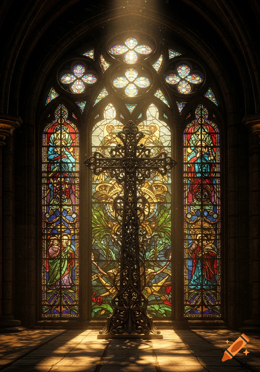 Dramatic light streams through an ornate gothic stained glass window, illuminating a large, decorative iron cross in a church interior.