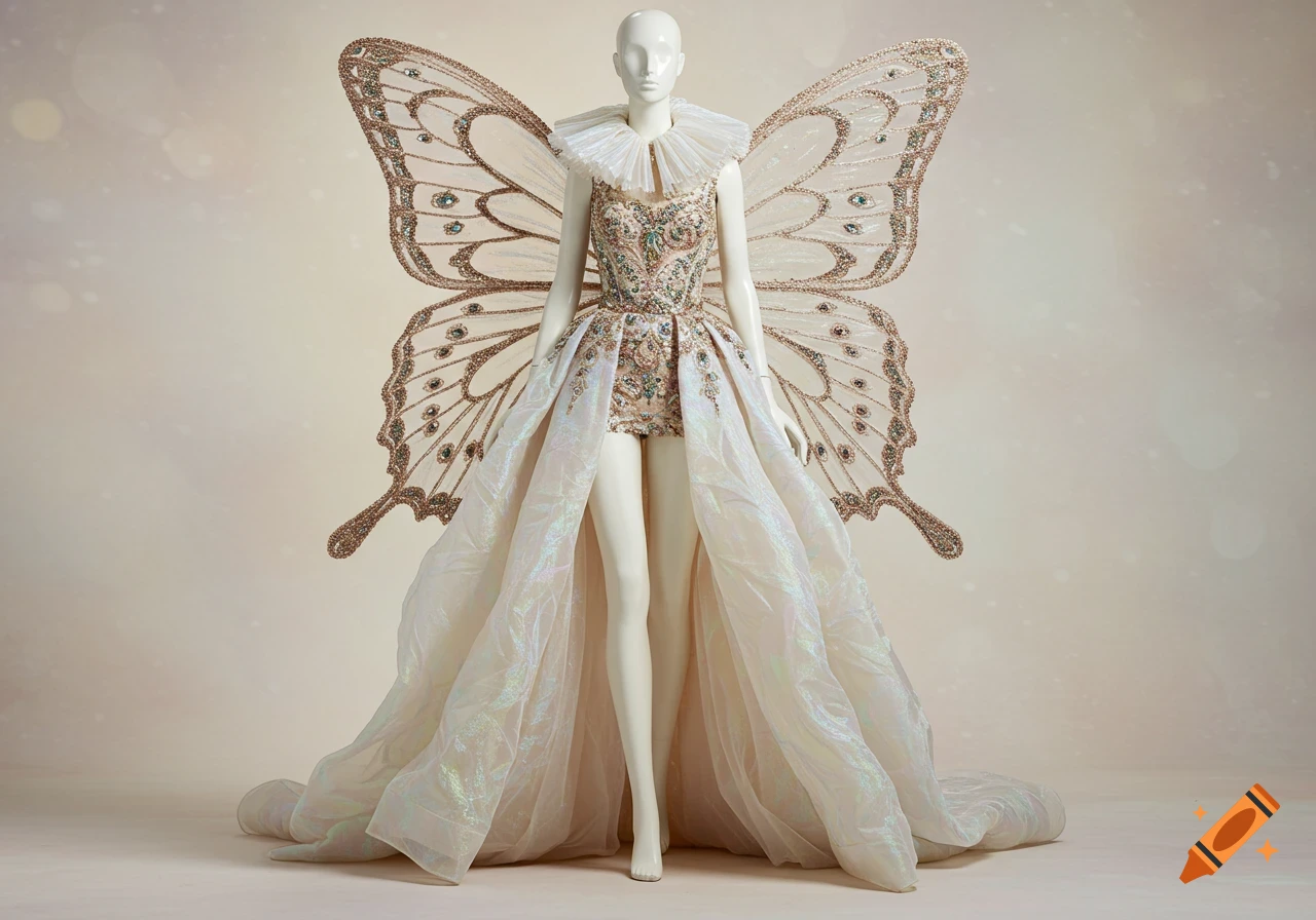 A mannequin displays a shimmery, pearl-embellished butterfly-inspired couture gown with large, iridescent wings.