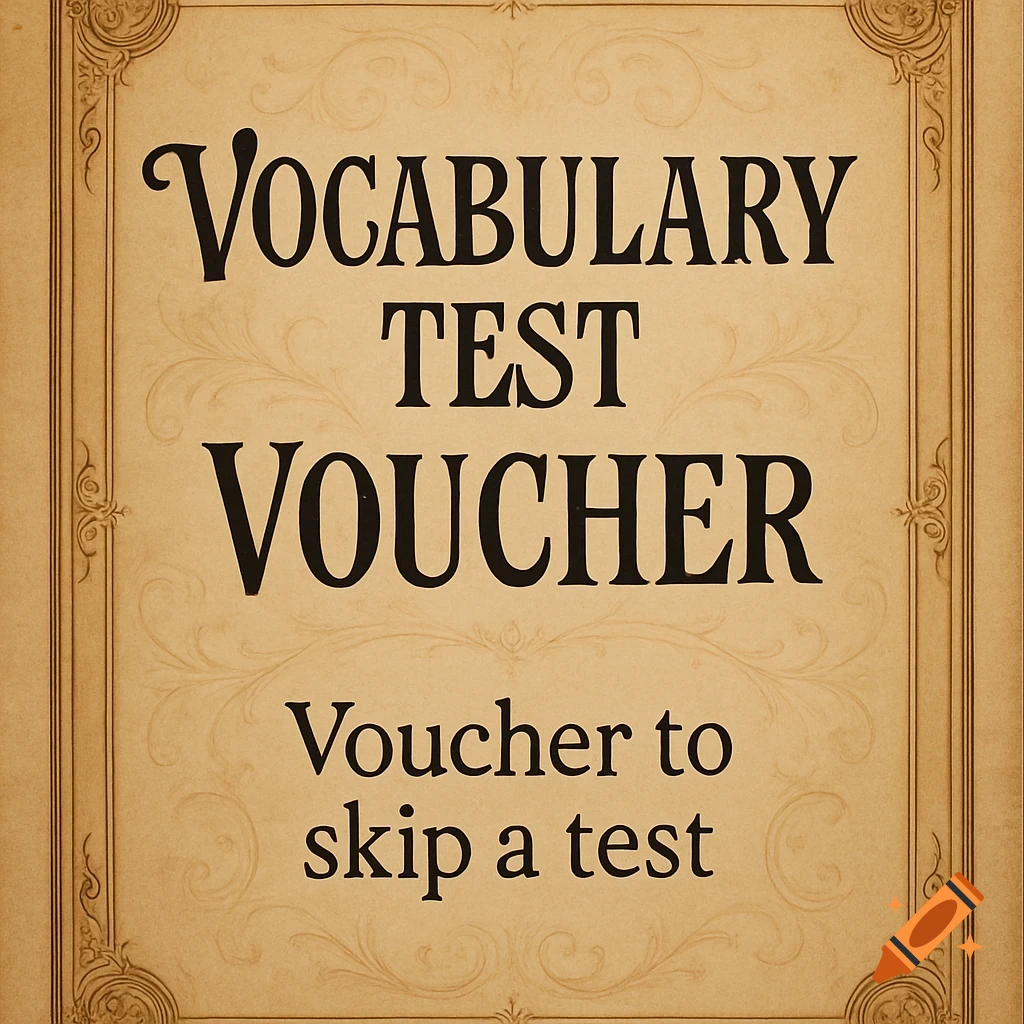 A vintage-style voucher with text 'Vocabulary Test Voucher' and 'Voucher to skip a test' on a beige background with decorative borders.