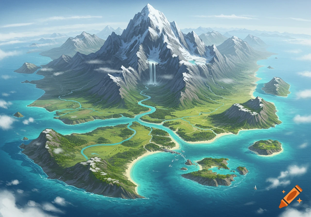 An overhead, stylized illustration of a vibrant island continent. A large snow-capped mountain dominates the center, with rivers flowing through green valleys to sandy beaches and a turquoise ocean with smaller islands.