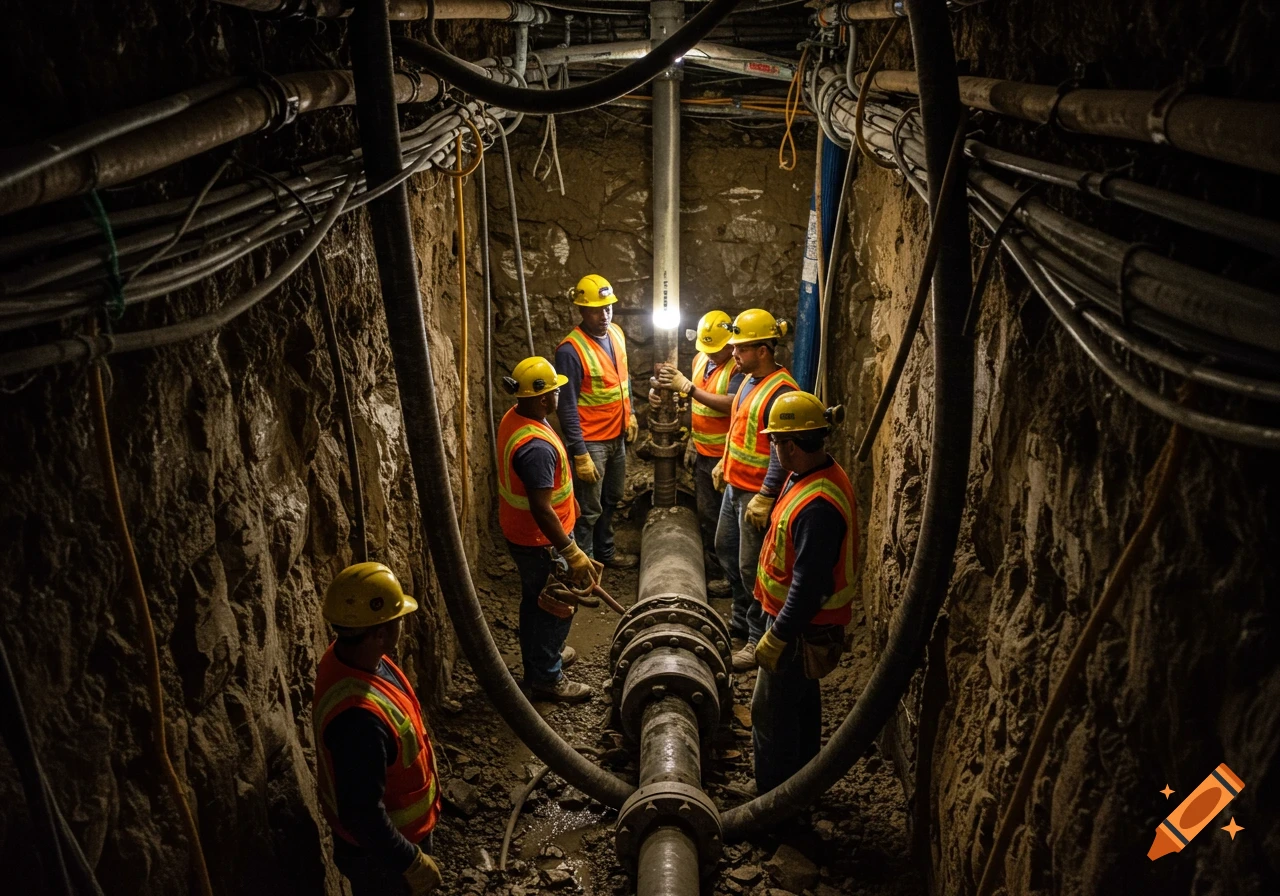 Construction workers in hard hats and safety vests work on pipes and wires in a deep, narrow underground trench.