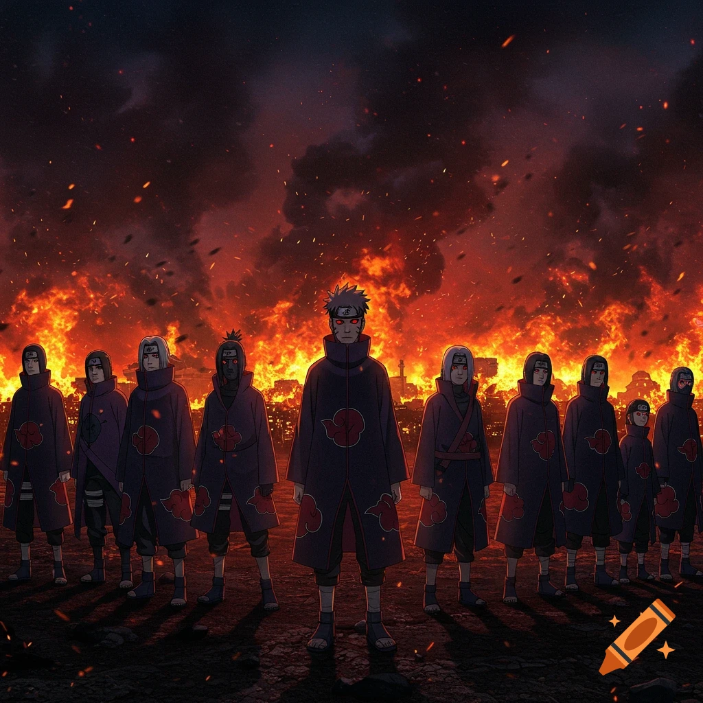 A group of anime characters in dark cloaks with red cloud symbols stand before a city engulfed in massive flames and smoke.
