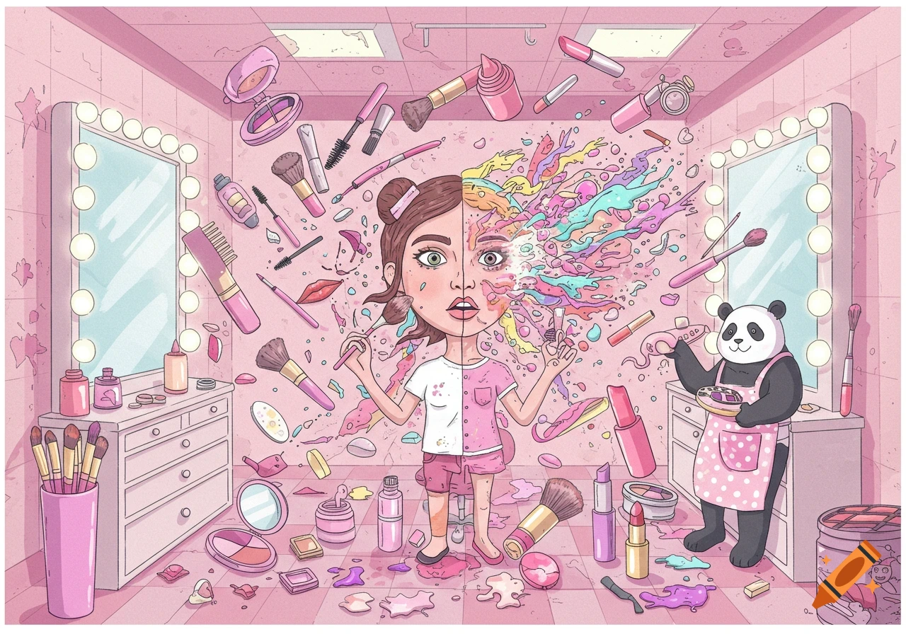 A whimsical cartoon shows a pink makeup room in chaos, with products exploding from a girl's face and a panda in an apron holding a donut.