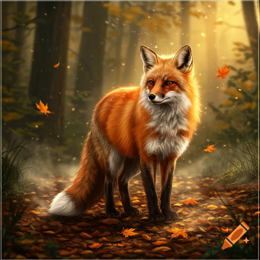 A vibrant red fox stands on a path covered in autumn leaves in a sunlit forest.