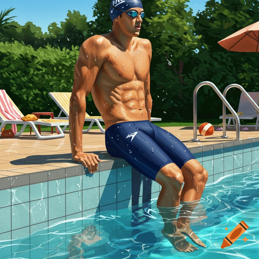 Muscular male swimmer in blue shorts and cap with goggles sits on a pool edge with his feet in the water, a sunny outdoor scene.