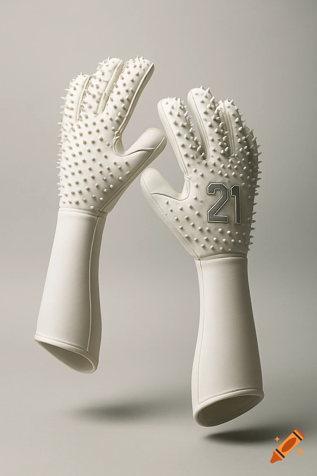 Two white goalkeeper gloves with rubber spikes and the number 21 float against a light gray background.