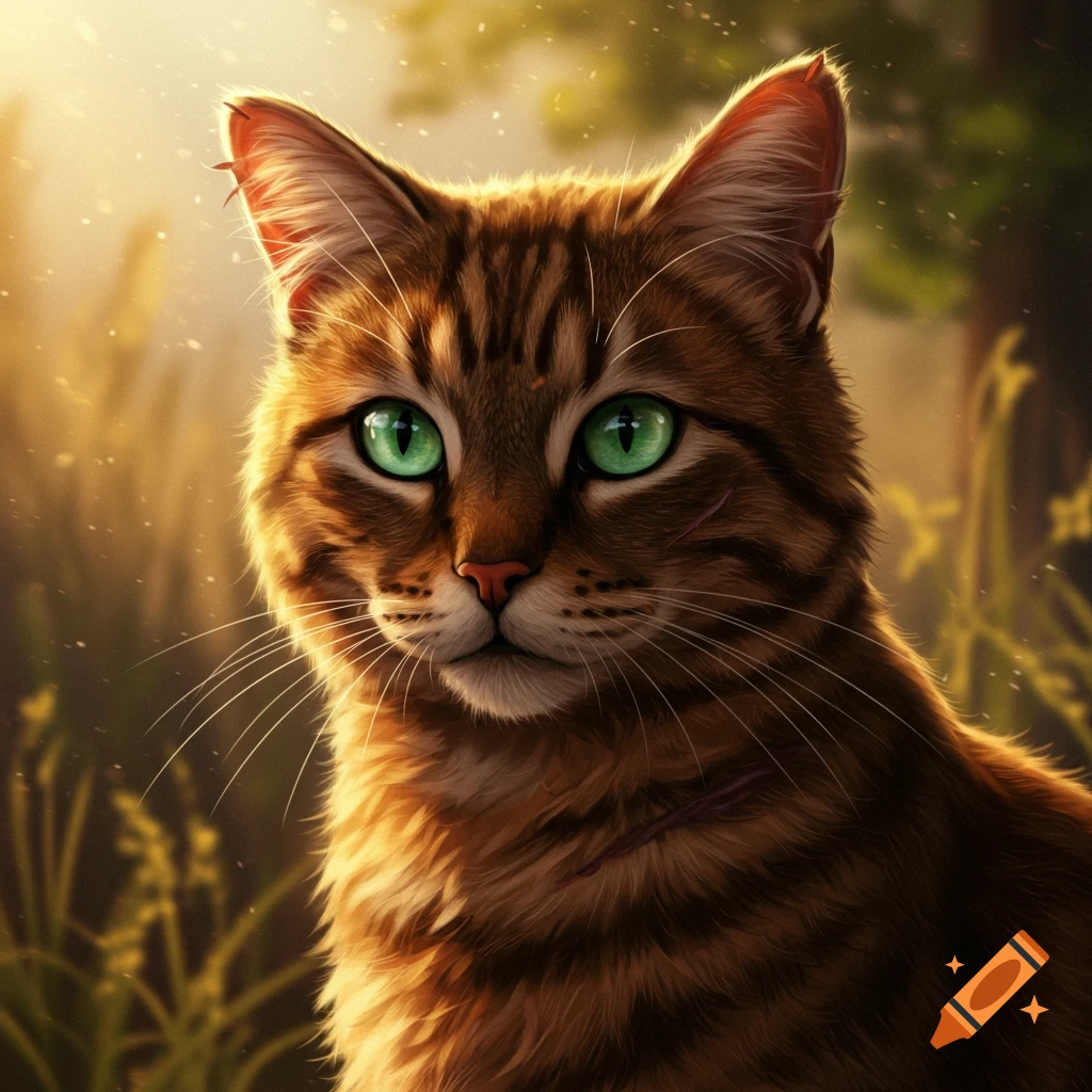 Close-up of a ginger tabby cat with vivid green eyes and scars, bathed ...