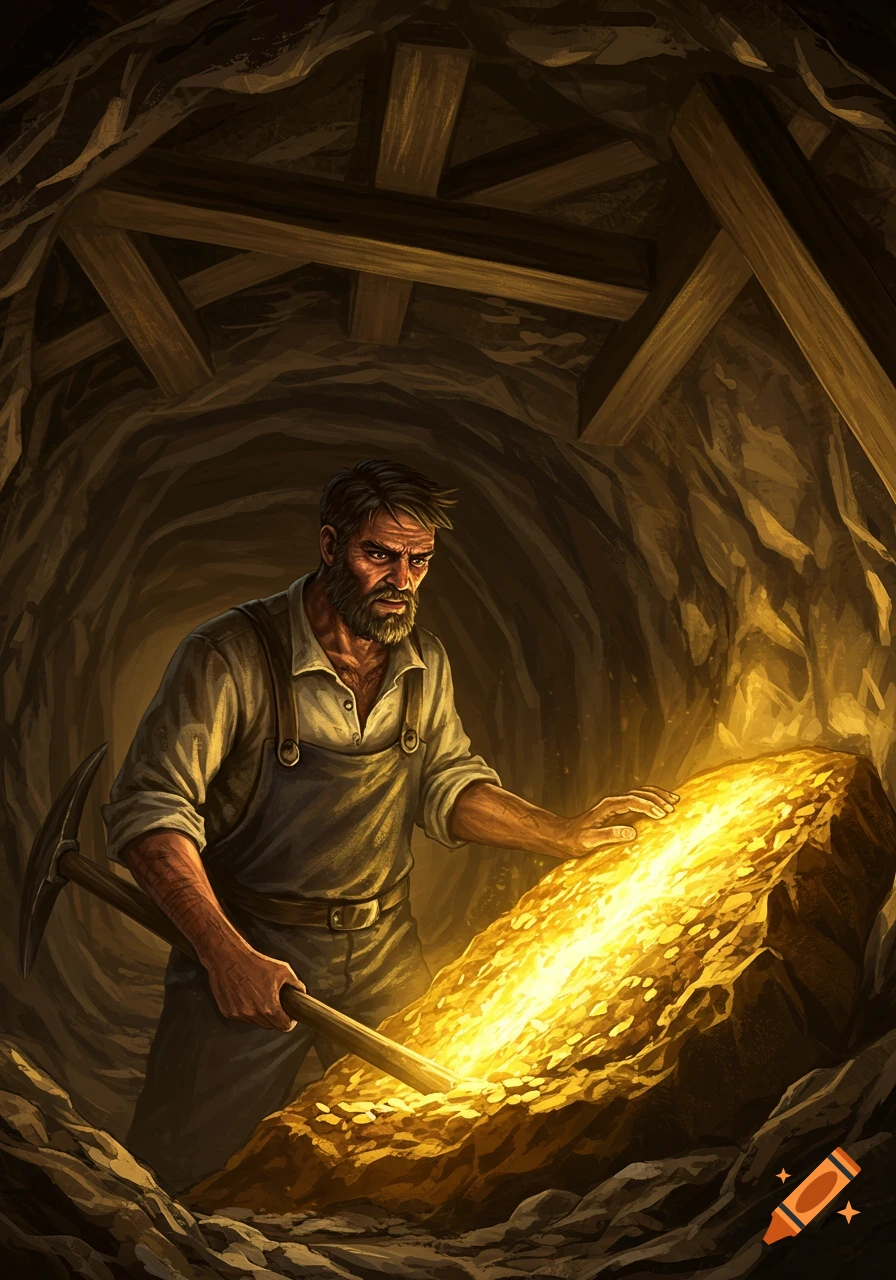 A bearded miner in a dark, timber-supported cave stares at a glowing pile of gold he just discovered, holding a pickaxe in this fantasy art style.