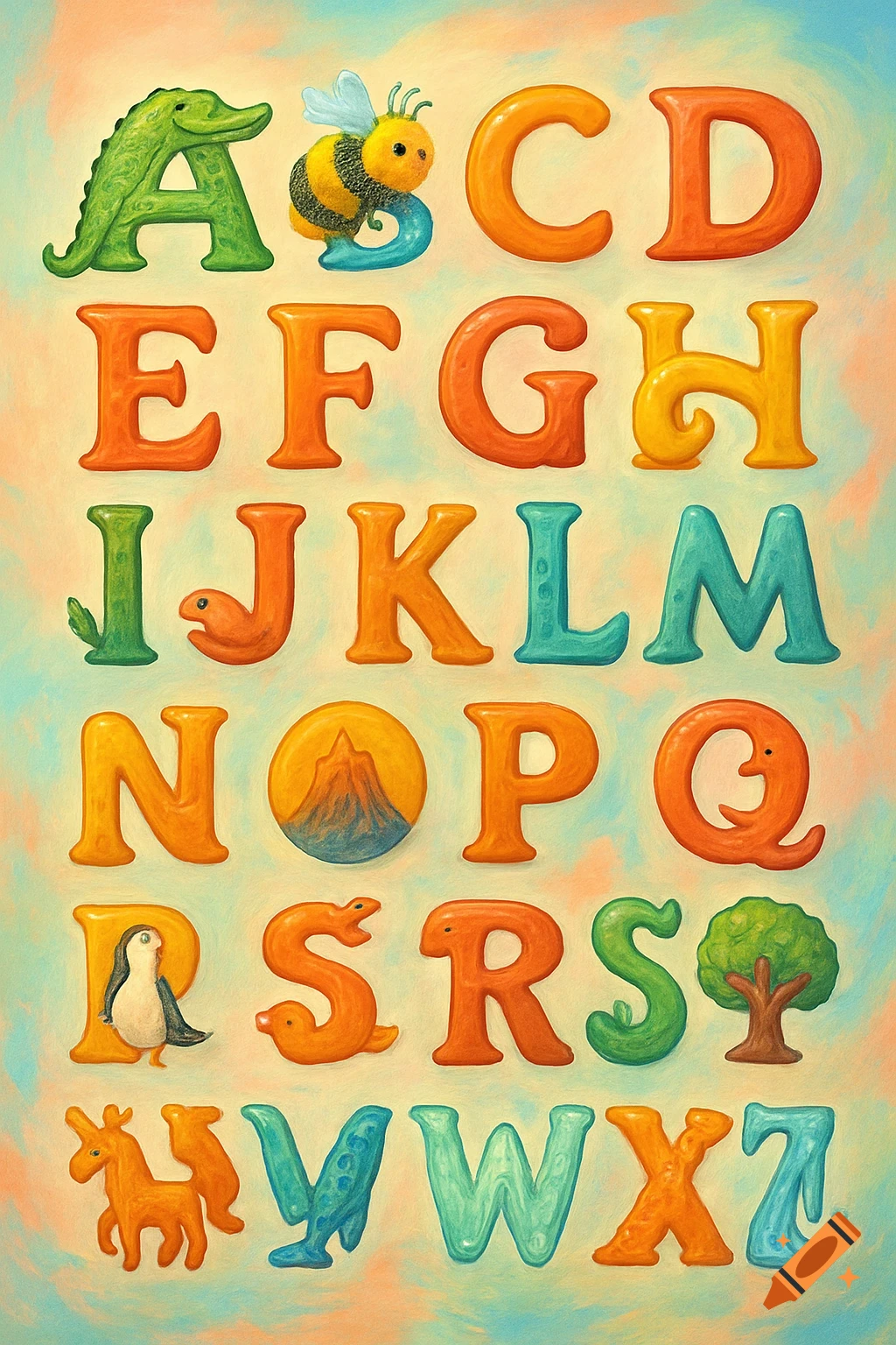 A vibrant alphabet poster featuring colorful stylized letters A-Z, often integrated with animals and objects, on a pastel background.