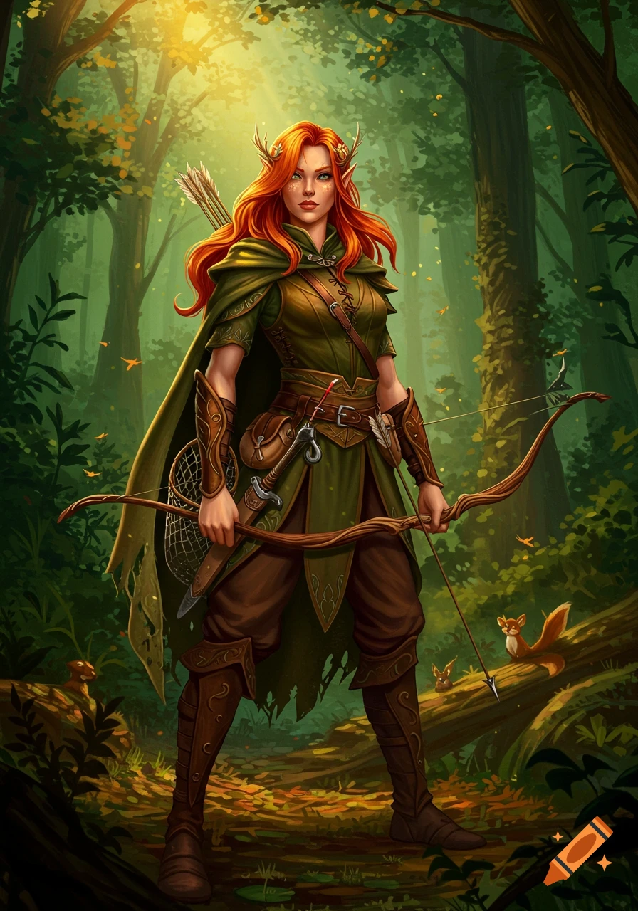 A red-haired wood elf ranger with a bow stands in a sunlit forest, wearing green and brown armor.