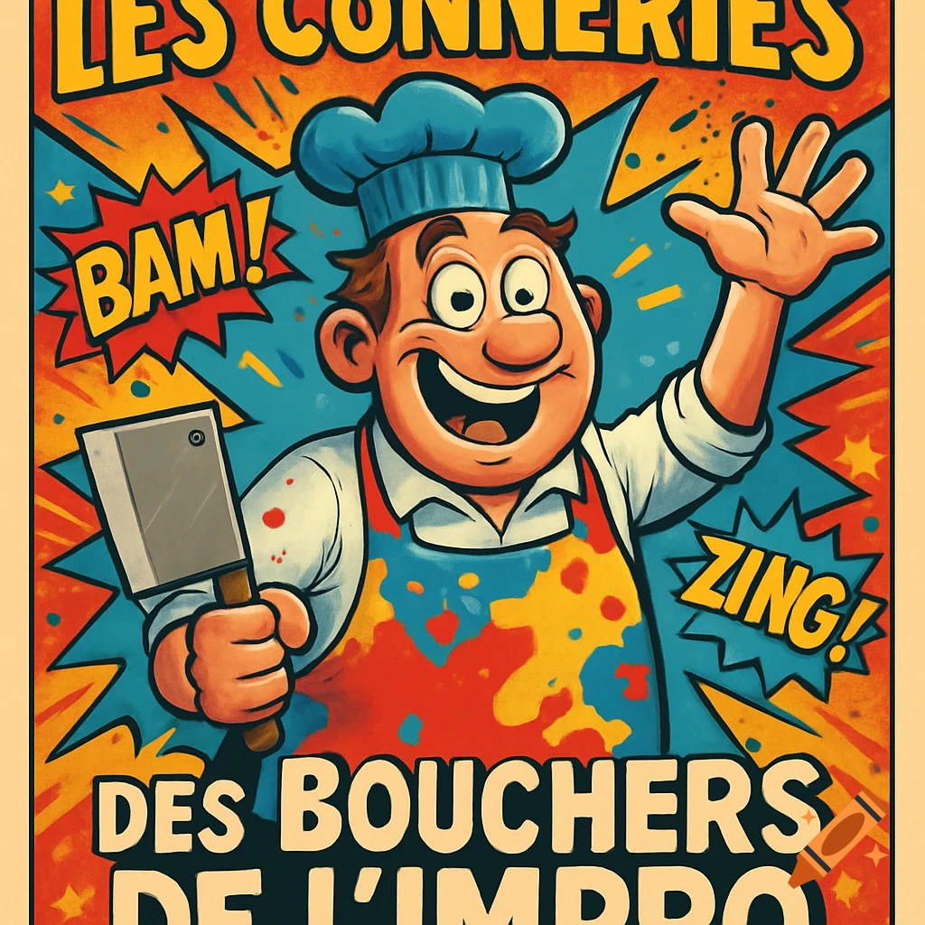 A cartoon chef in a blue hat and a colorful, paint-splattered apron holds a meat cleaver and waves. Text above reads "LES CONNERIES" and below "DES BOUCHERS DE L'IMPRO" with "BAM!" and "ZING!"