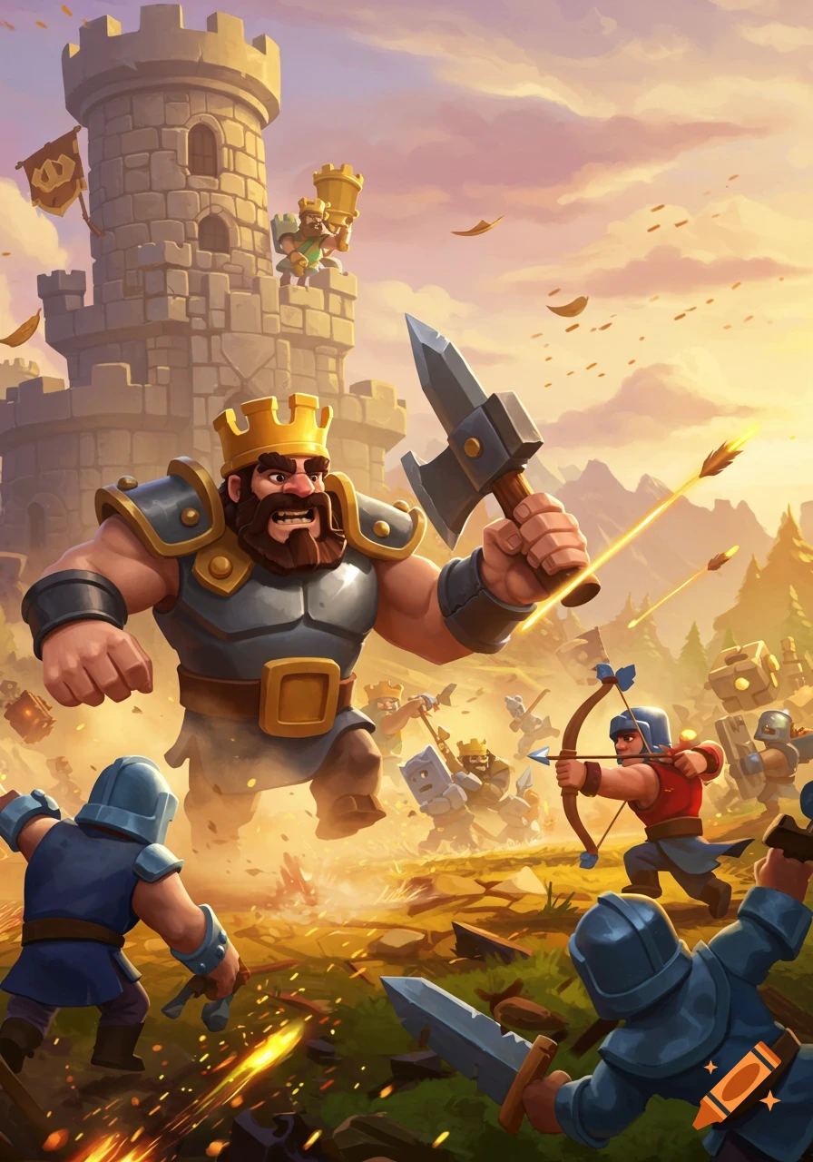 A cartoon king with an axe leads an army of knights and archers against a castle at sunset, in a fantasy battle scene.