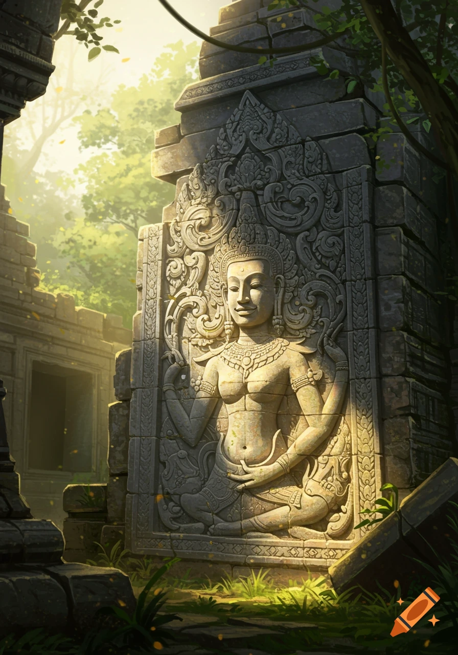 A detailed stone carving of a female deity with ornate headdress on a weathered temple wall, bathed in golden sunlight filtering through a lush jungle.
