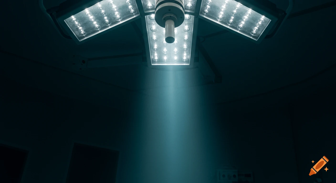 A dark, cinematic view of an operating room surgical light from below, shining harsh cold white light to create an ominous atmosphere.