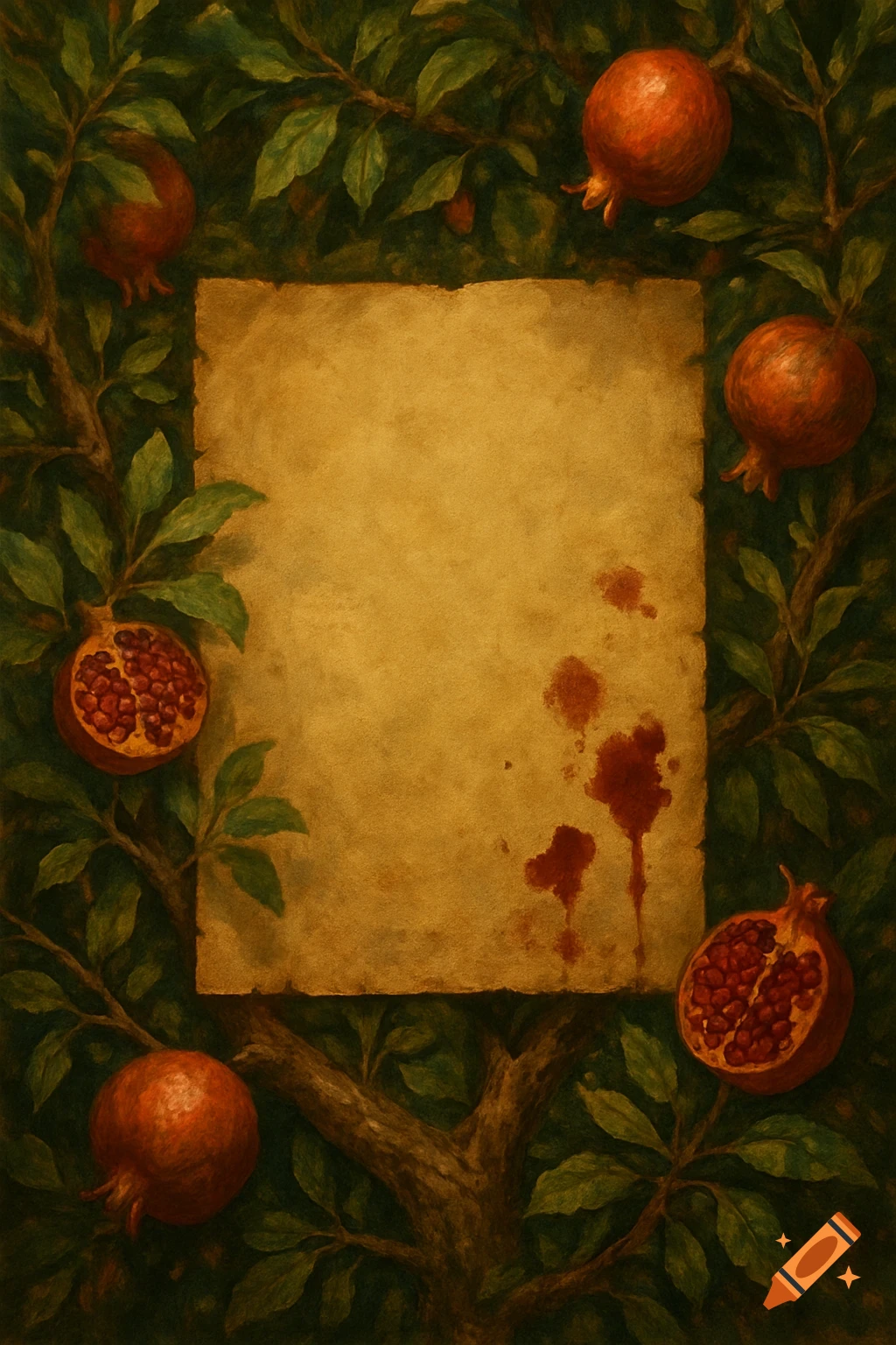 A dark, painterly image of an old, blood-splattered paper surrounded by pomegranate branches, leaves, and whole and cut pomegranates.