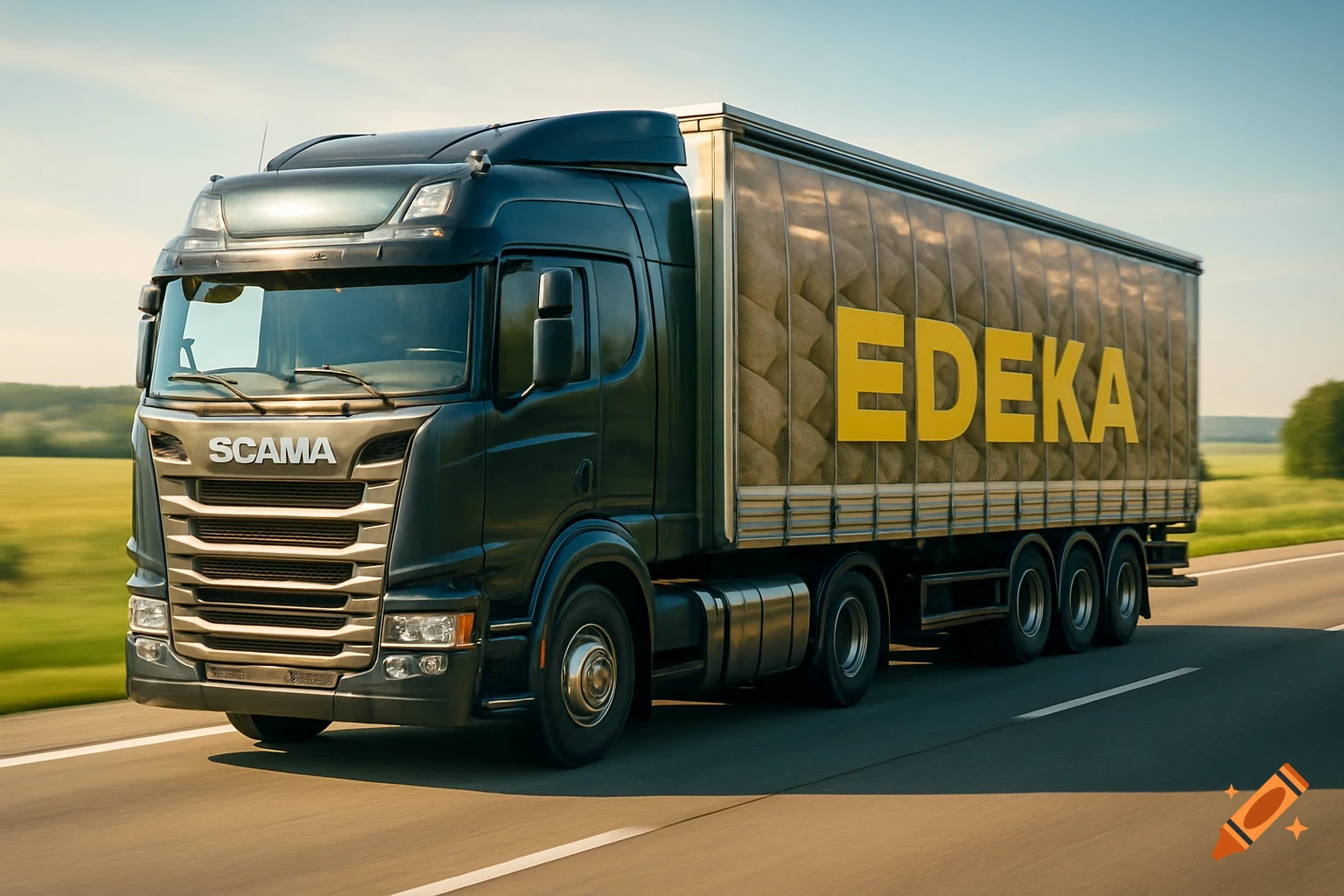 Photorealistic black Scania semi-truck with an 'EDEKA' trailer drives on a highway through a sunny, green landscape.