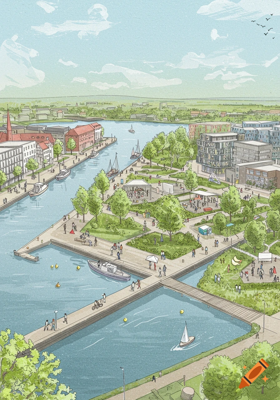 Aerial hand-drawn illustration of a vibrant city harbor with parks, buildings, boats, and people walking.