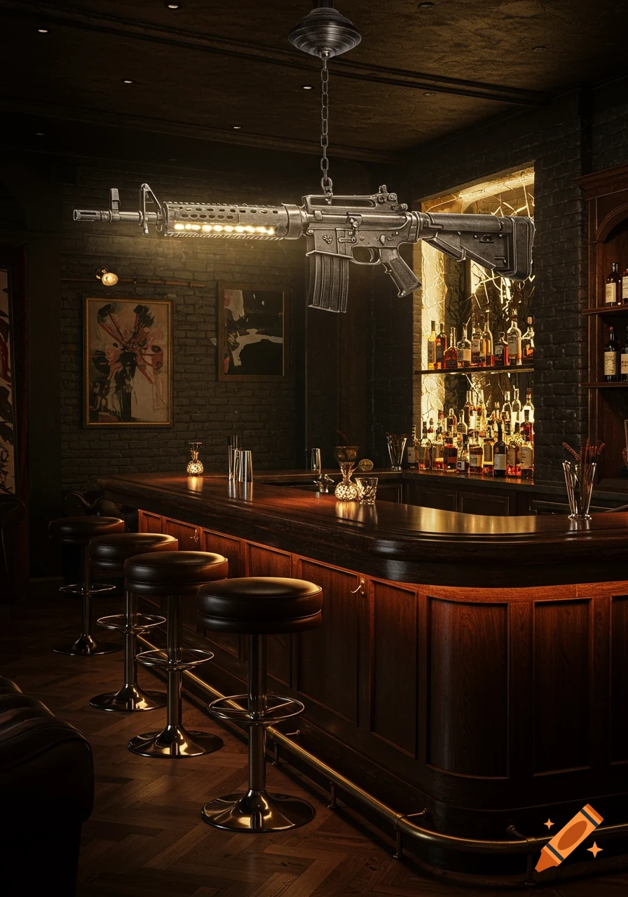 A photorealistic image of a dark, upscale bar with a unique chandelier shaped like an assault rifle hanging over the wooden counter.