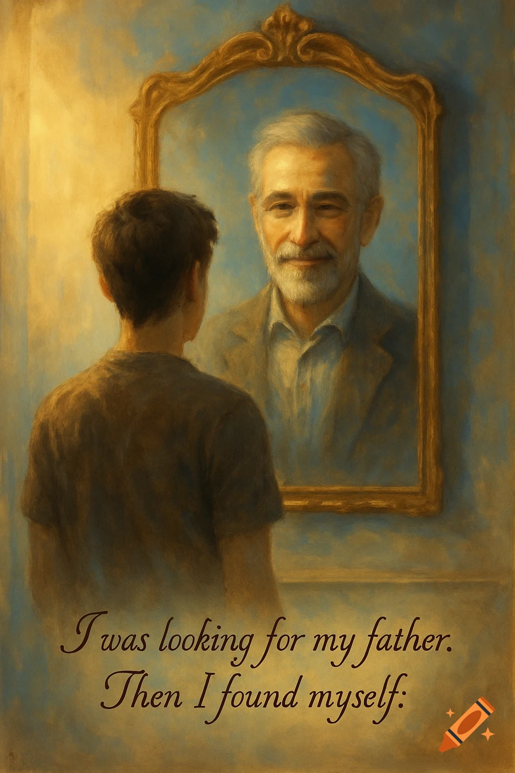Painterly image of a young person looking into a mirror, seeing an older man's reflection. Text: "I was looking for my father. Then I found myself."