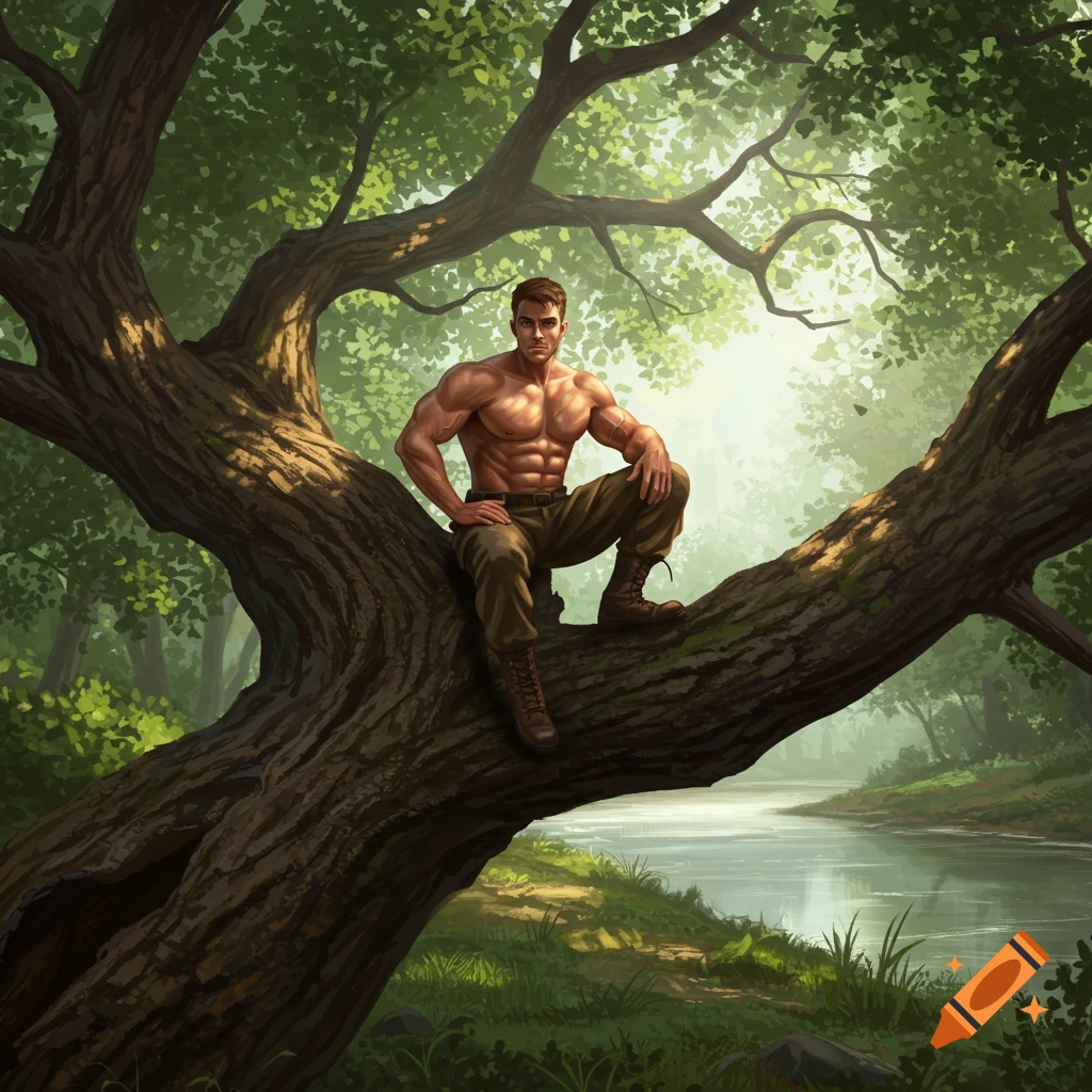 Muscular man sitting shirtless on a large tree branch in a lush green forest by a river, digital illustration.