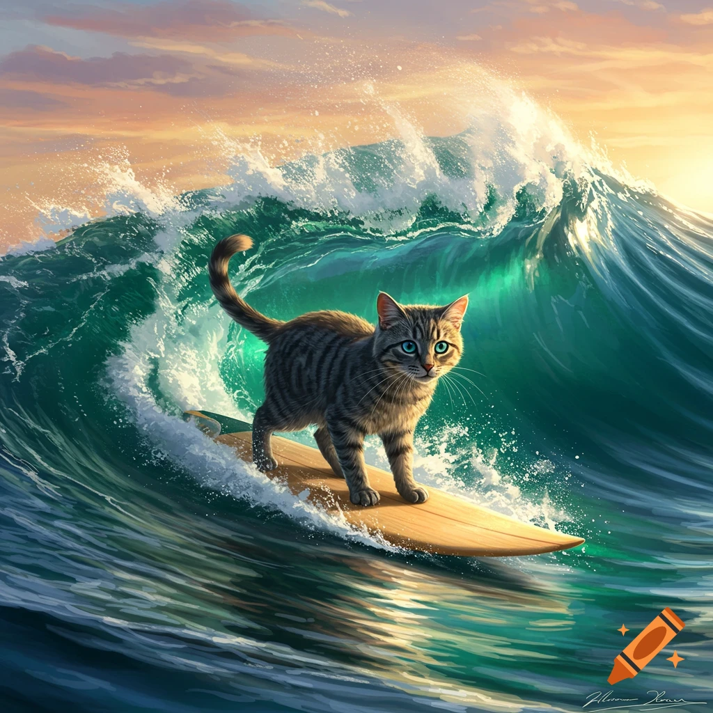 A tabby cat surfs on a large blue-green wave under a colorful sunset sky, in a digital art style.