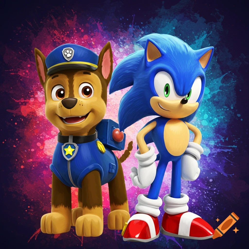 Chase from Paw Patrol and Sonic the Hedgehog stand side-by-side, smiling against a vibrant, splattered background.