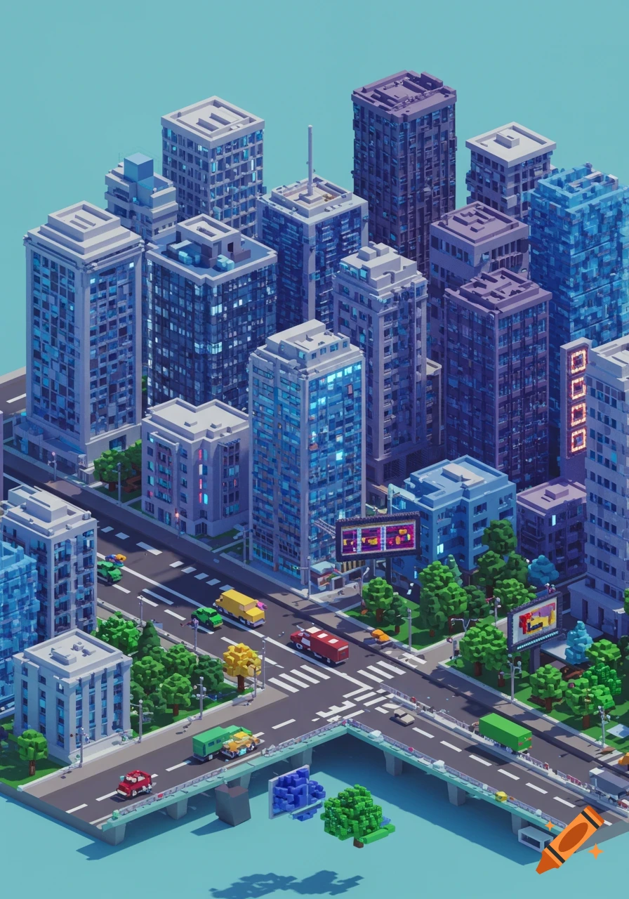 An isometric voxel art cityscape with numerous buildings, roads with vehicles, trees, and a bridge under a bright sky.