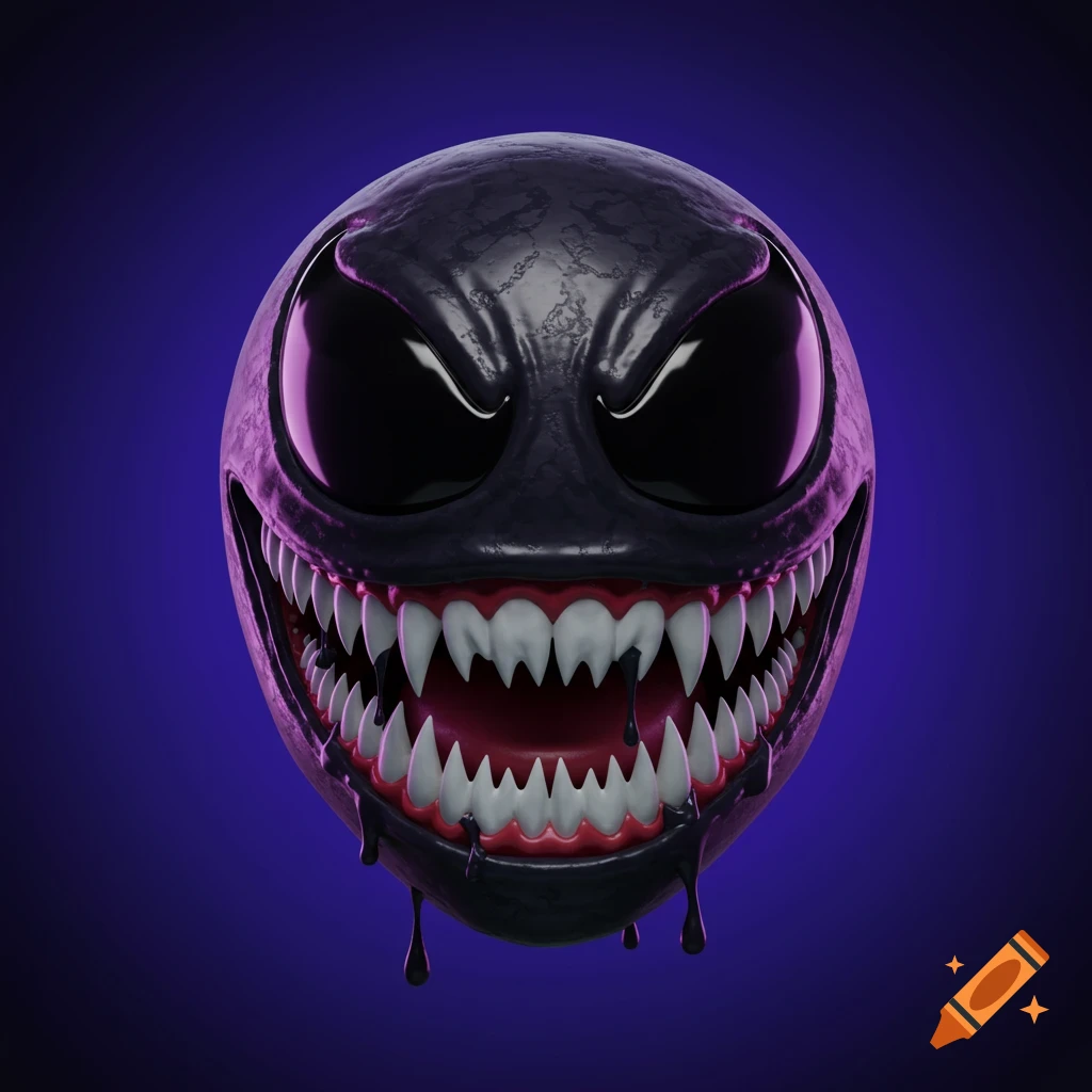 A 3D render of a stylized black Venom-like head with sharp teeth, glowing purple eyes, and black liquid dripping, on a purple background.