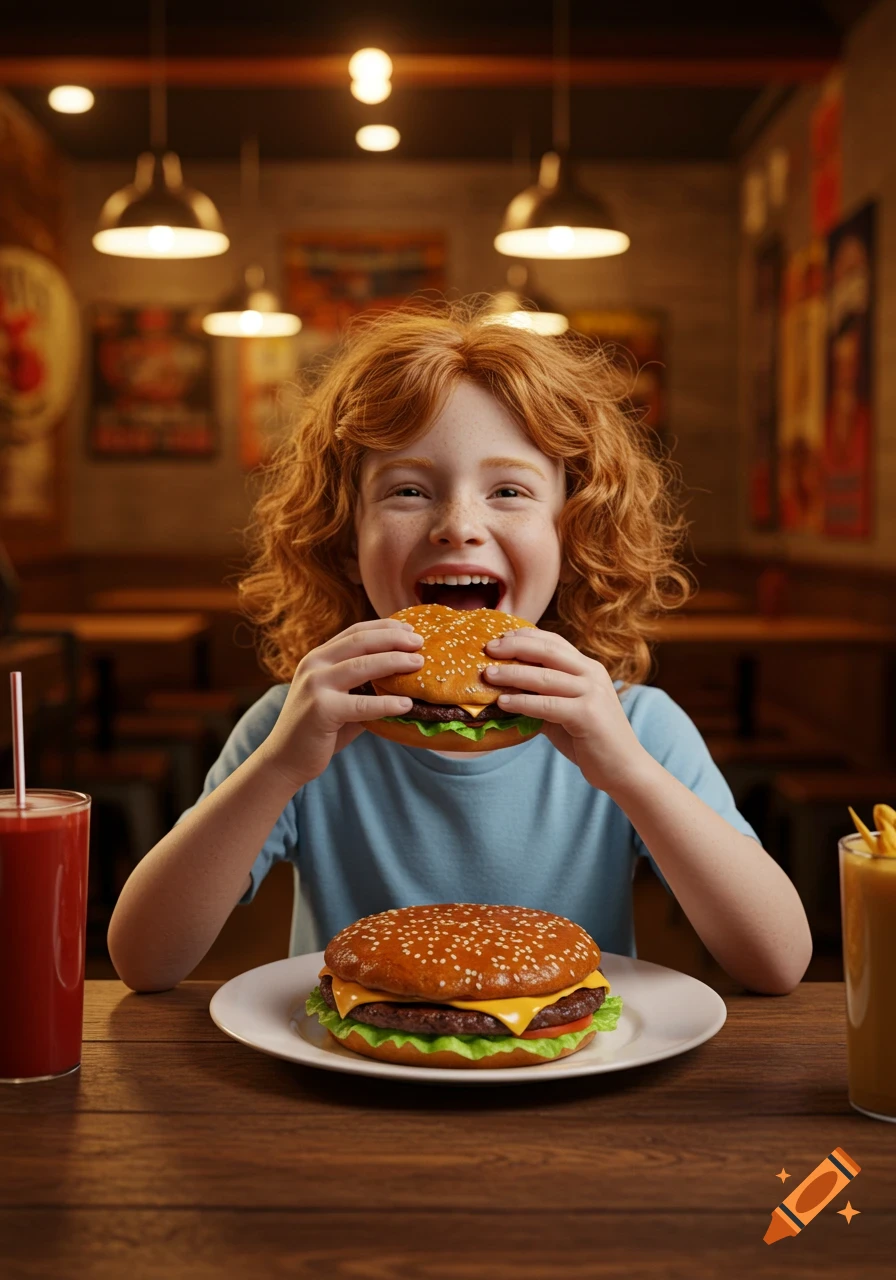A cheerful red-haired child smiles while taking a bite of a burger at a wooden table in a cozy burger bar, photorealistic style.