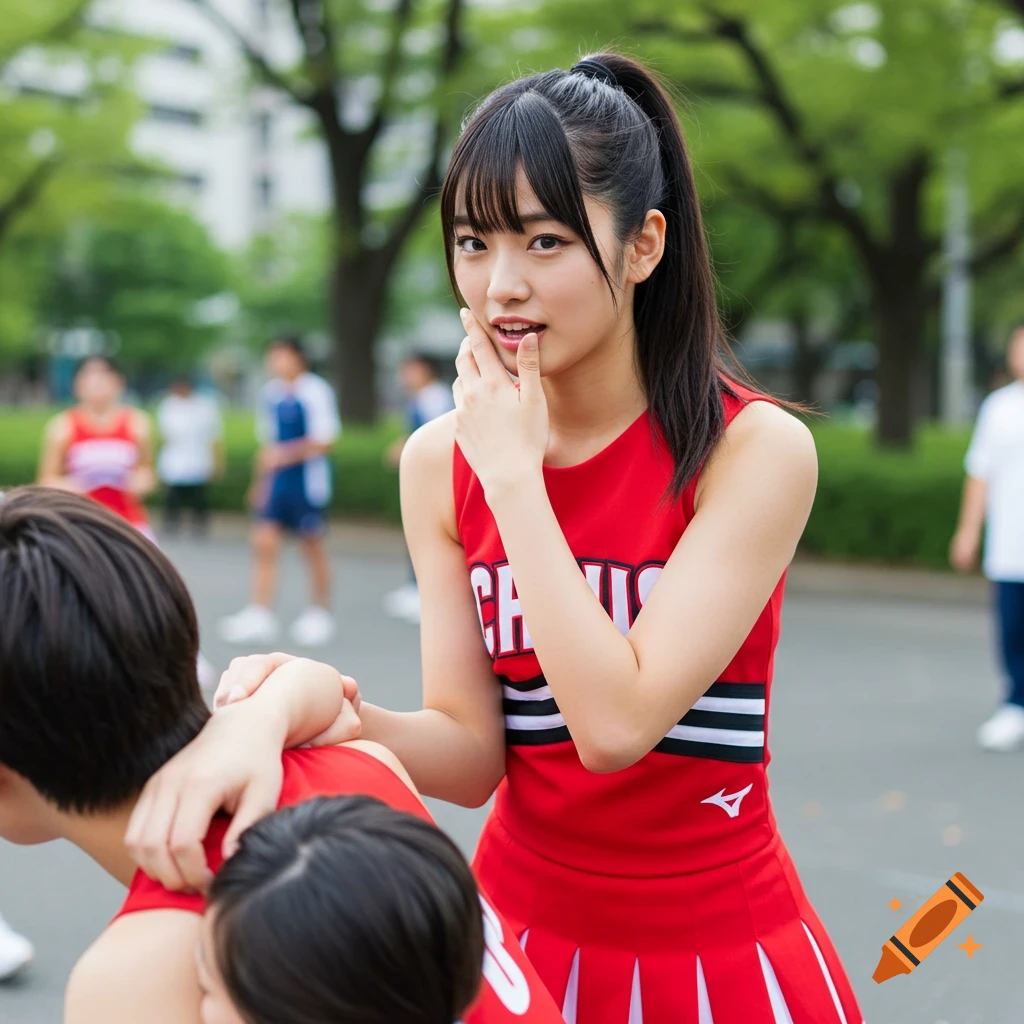 A young Japanese woman in a red cheerleader uniform with a ponytail, her hand touching her chin, looks at the camera outdoors.
