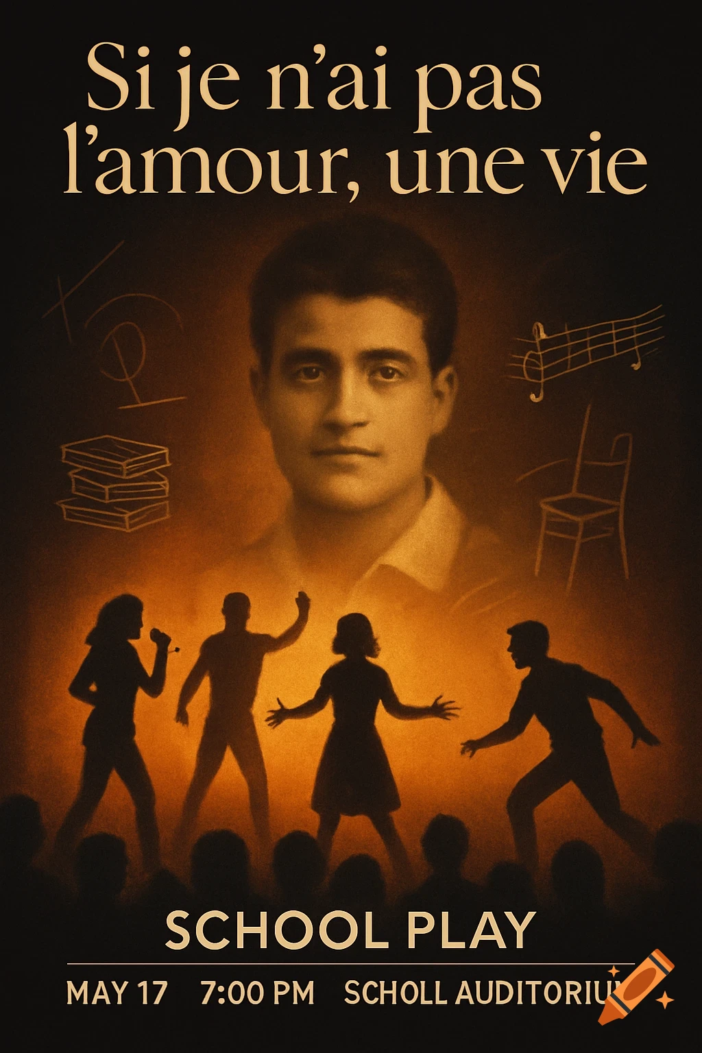 Vintage-style poster for a school play titled "Si je n'ai pas l'amour, une vie." Features a sepia-toned man's portrait above silhouettes of performers, with chalk drawings of books, music, and a chair on a dark, warm-lit background.