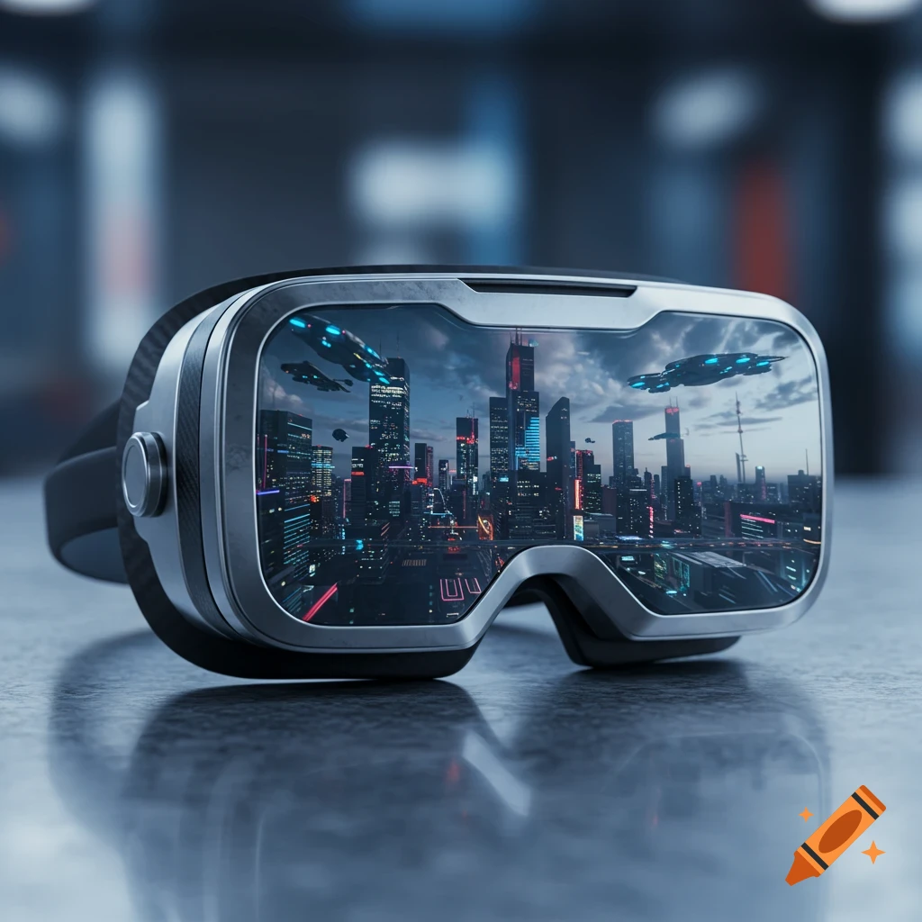 A futuristic virtual reality headset on a reflective surface, displaying a vibrant, neon-lit cyberpunk city with flying vehicles.