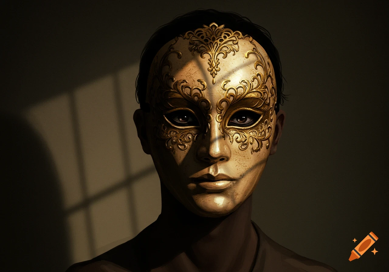 Close-up of a person wearing an ornate golden mask with filigree patterns, illuminated by dramatic light and shadow.