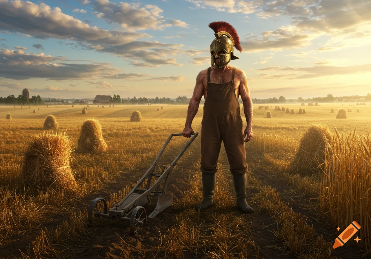 A muscular man wearing overalls and a gladiator helmet stands in a golden harvested field with a plough at sunrise.