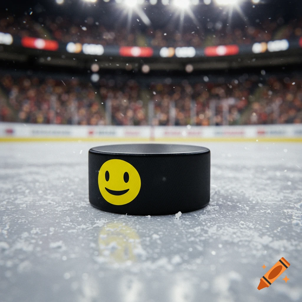 A black hockey puck with a yellow smiley face sits on a snowy ice rink in a stadium under bright lights.