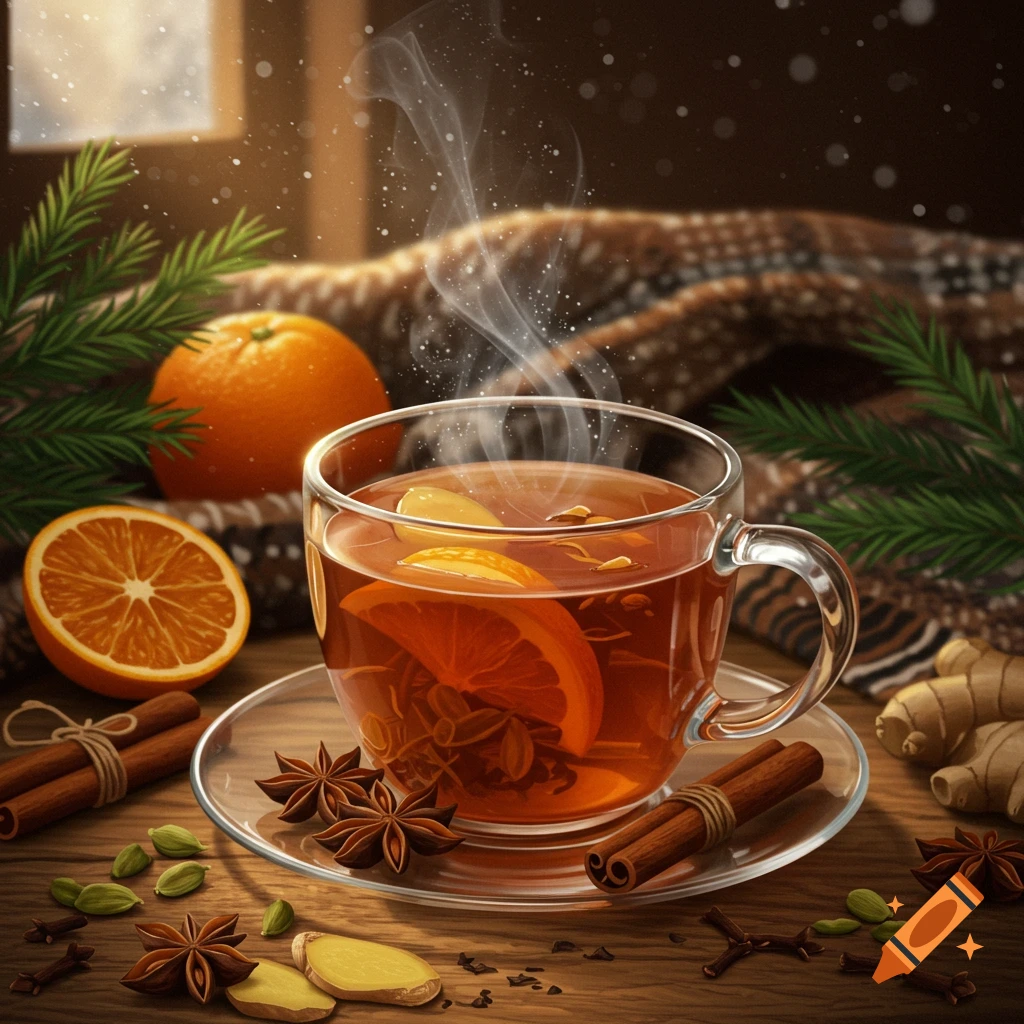 Steaming mug of mulled tea with orange, cinnamon, star anise, ginger, and cardamom on a wooden table, with a snowy window in the background.