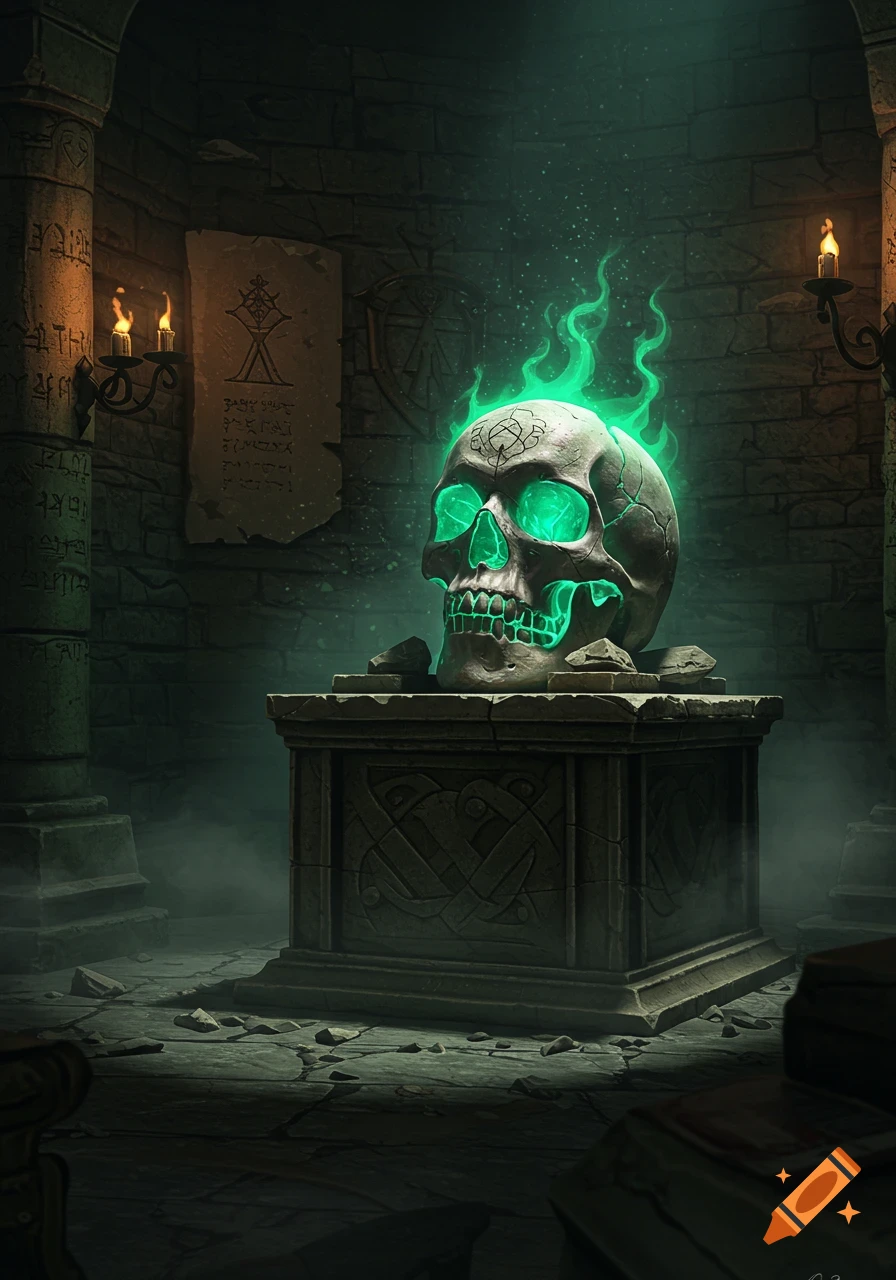 A skull with glowing green eyes and green flames sits on a stone pedestal in a dark, ancient crypt, surrounded by pillars and a scroll.