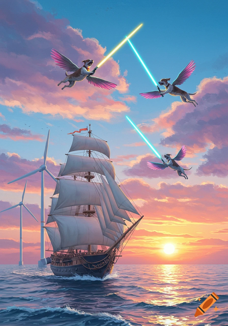Three winged dogs with lightsabers battle over a sailing ship and wind turbines on a sunset ocean. Vivid, stylized art.