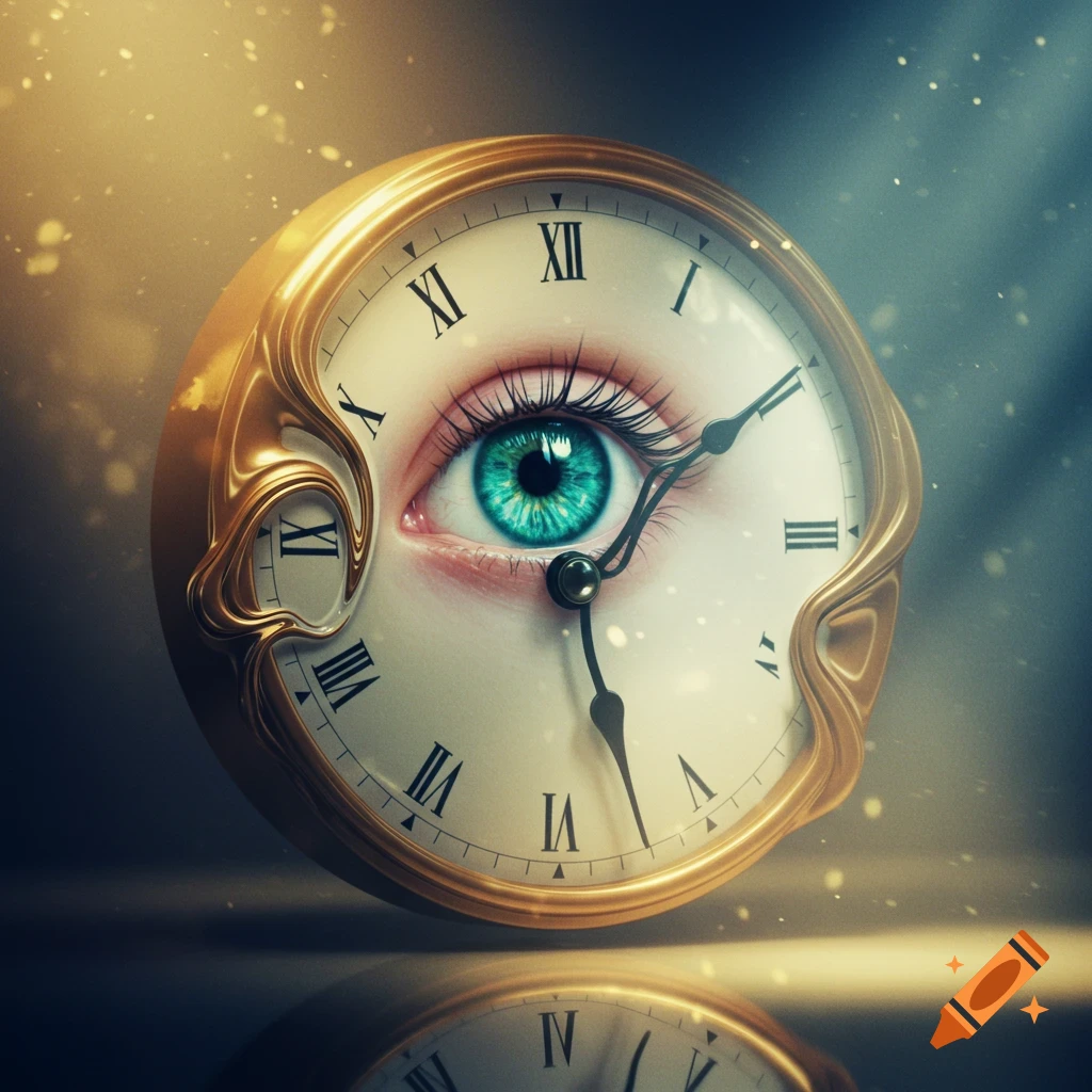 A surreal golden clock face with an open blue-green eye in the center, melting and distorted, with Roman numerals and a reflection below. The background is dark with light particles.
