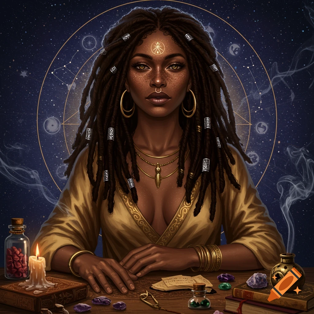 Portrait of a Black mystic woman with locs, gold jewelry, and a nose ring, sitting at a table with a candle, crystals, and a celestial background.