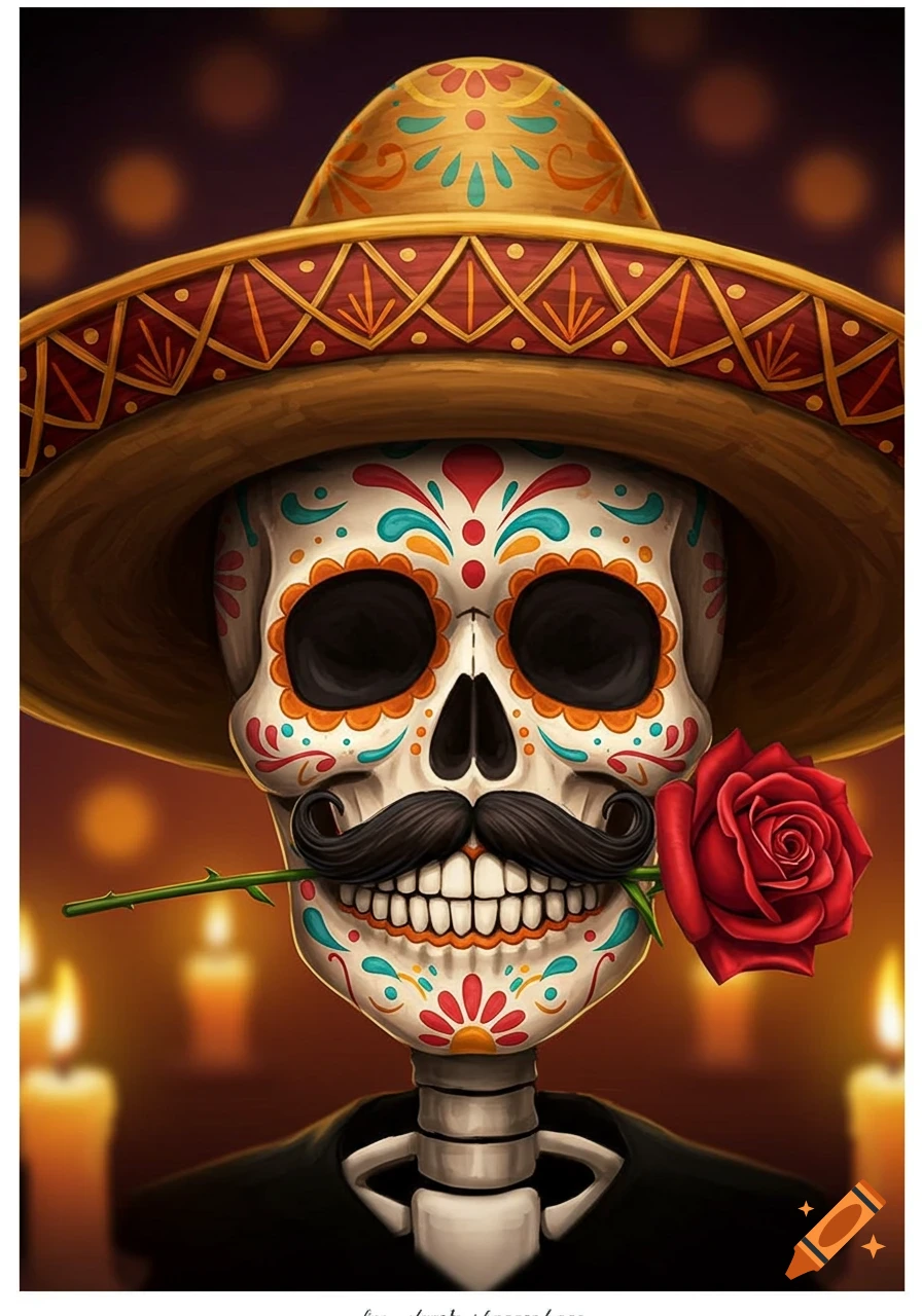 A vibrant, decorated Mexican-style sugar skull wearing a sombrero, with a black mustache and a red rose in its mouth.
