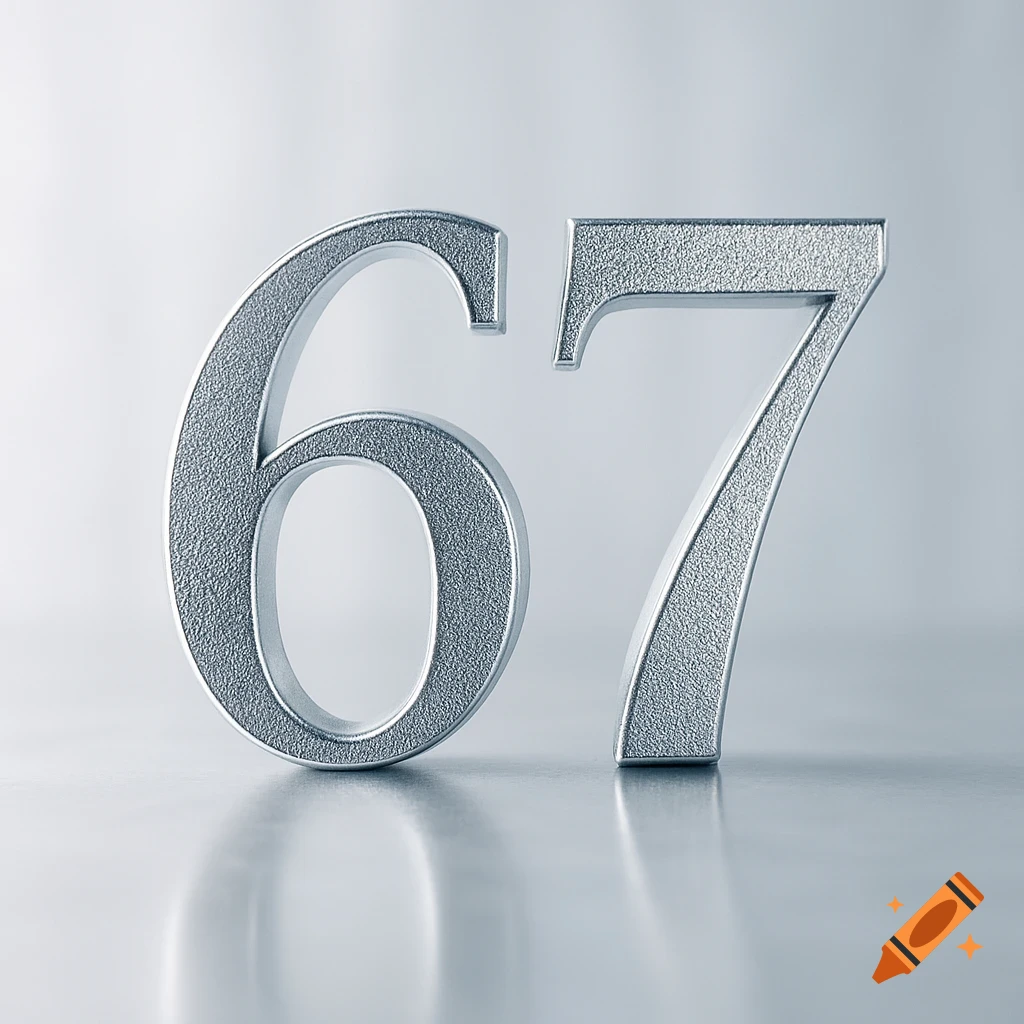 Metallic silver numbers 6 and 7 with a textured finish on a reflective surface against a light background.